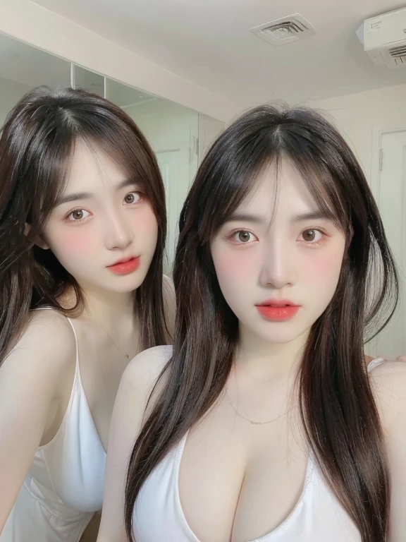 (realistic、high resolution:1.3)、 1 girl with perfect figure、selfee、Long、((white skin:1.3))、Huge breasts:1.3、white bikini、looking at viewers、super fine face and eyes、long hair、 in bedroom, sit on the bed、exposed cleavage、upper body、half body