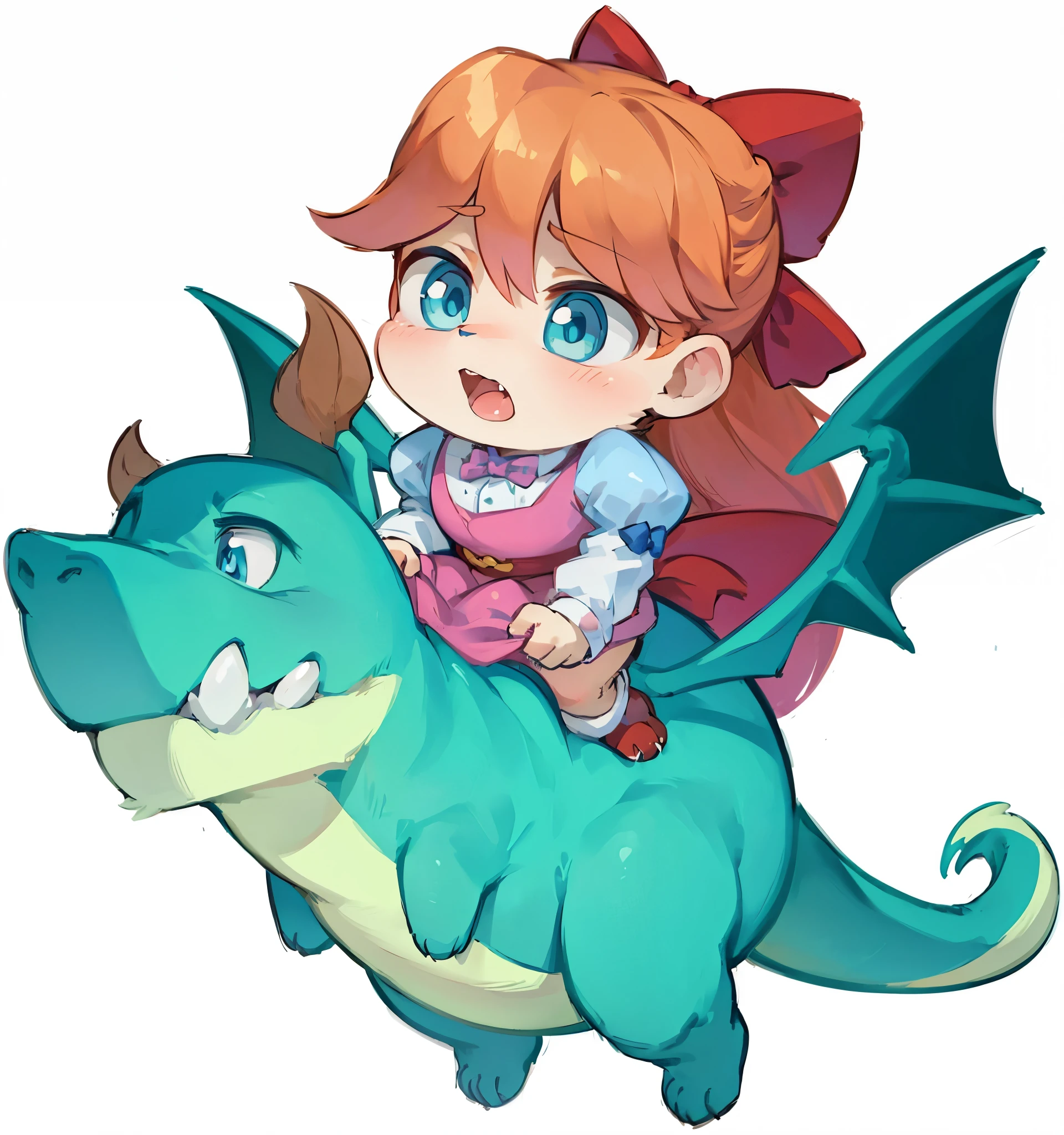 little flying dragon，blue eyes，orange hair，bow tie，绿色little flying dragon，A  girl rides a flying dragon，Cartoon，disney，best quality，开心的小女孩骑着little flying dragon，