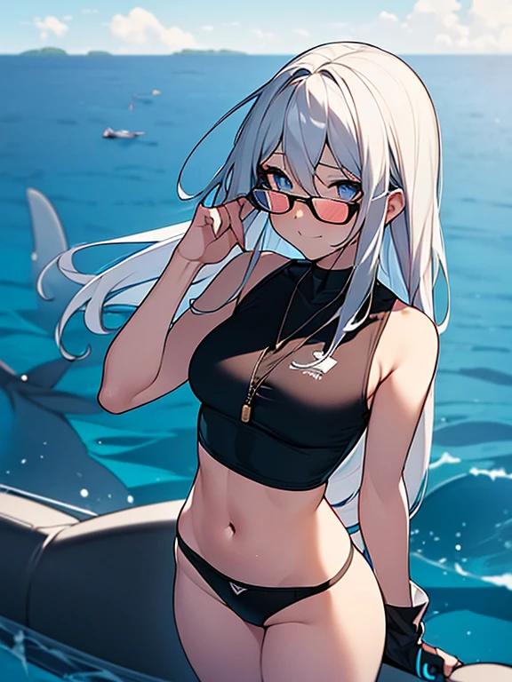 ((8k ultra, Perfect view, Looking at the camera, smuggle, sexy pose)), A girl, has long a silver Hair fall's through her waist, eyes Golden vertical pupil, wearing black bikini, dog tag, Aviator glass, background Deep ocean with whales and fish