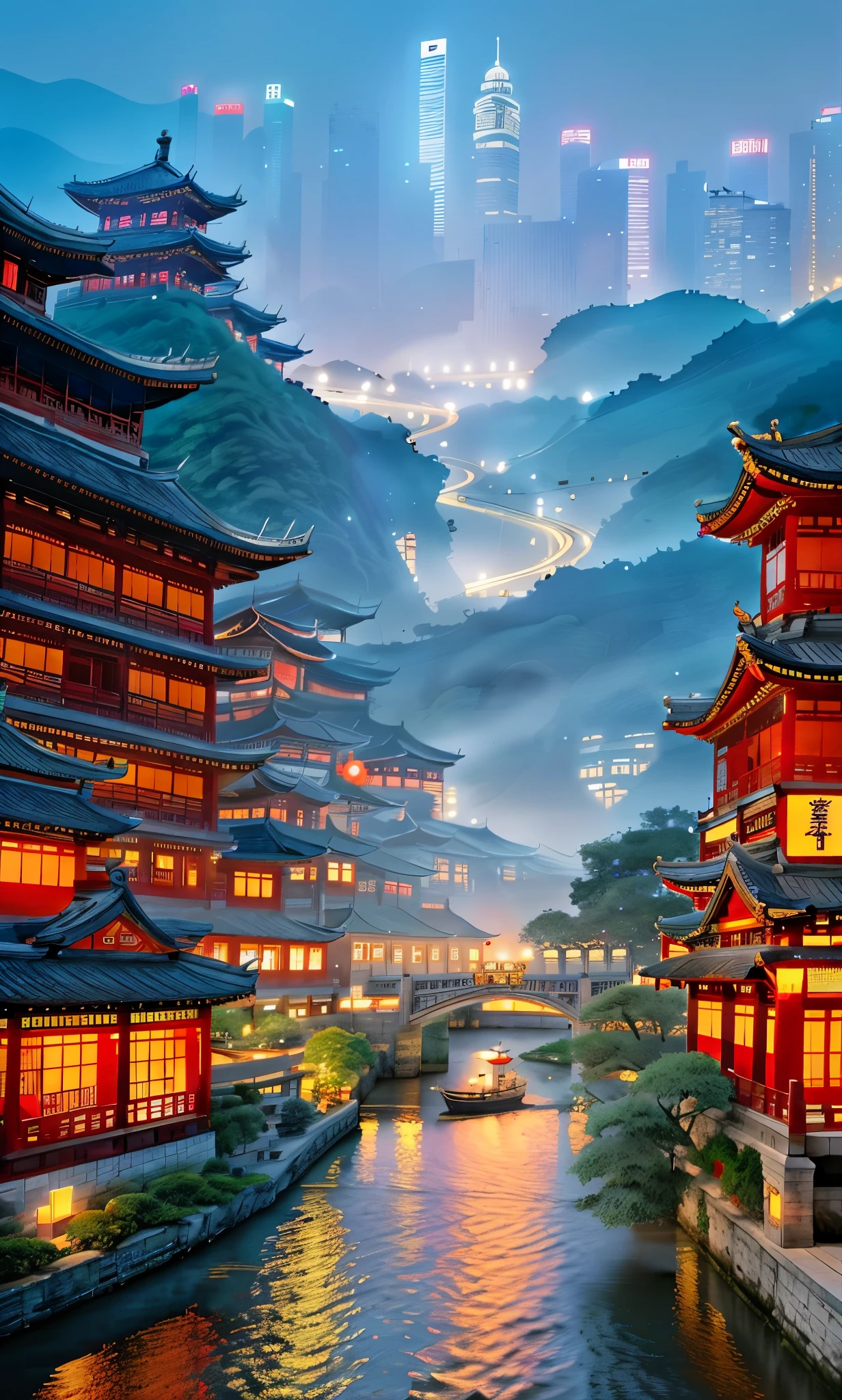 Asian architecture of the city at night with boats passing by, dreamy Chinese towns, ancient Architecture of China, Japanese cities, colorful kitsune city, digital painting of tower, Japanese cities at night, cyberpunk chinese ancient castle, Beautiful depiction of the Tang Dynasty, japanese town, Inspired by Kyoto, Architecture of China, awesome wallpaper, Tower on the hill
