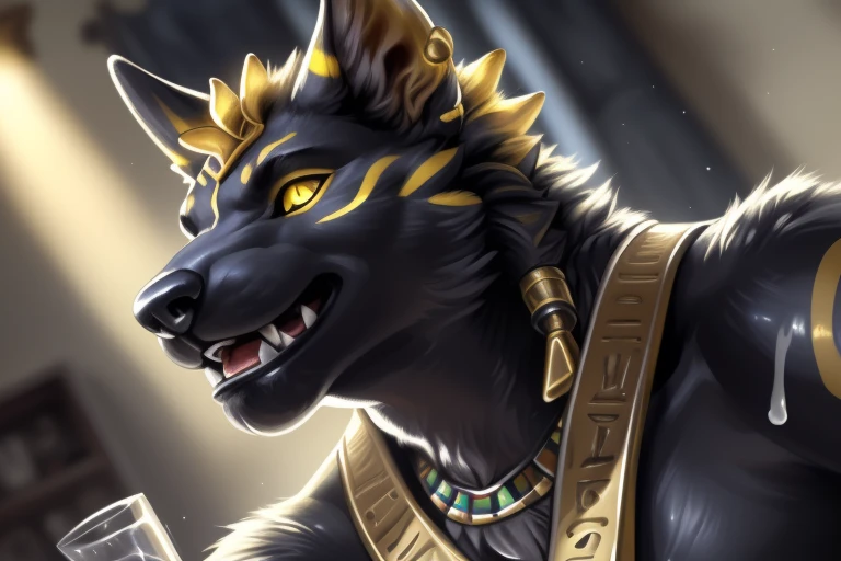 Solo, Male, (Muscular), sacrifices, (male anthro wolf):1.3, Pure black body, (Kamimei):1.3, (komono:1.4) (DOA):1.23, (,Wear a white bathrobe), Detailed eyes,((three-quarter portrait)), (Detailed eyes, Yellow eyes are always red, Black skin,Yellow stripes,Sharp claws,Cute beast claws,drools,Fluid spills from the lower body,Milk spilled all over the floor,Egyptian costumes,Egyptian totem,Abinus,glowing light eyes):1.1, (inside in room:1.35), In the bedroom,Dimly lit,Be licked, Be red in the face,Collar,submit to,drunk,enjoying,looking to the camera,having fun(Particle,glowworm,blue glowing):1.3,detailedbackground,realisticlying,realistic hand,8k hdr,(Wide dynamic range,hdr,high light:1.2),author(pino daeni,(author:by ruaidri),author:virtyalfobo), erected penis, Anubis the Egyptian god, horny,