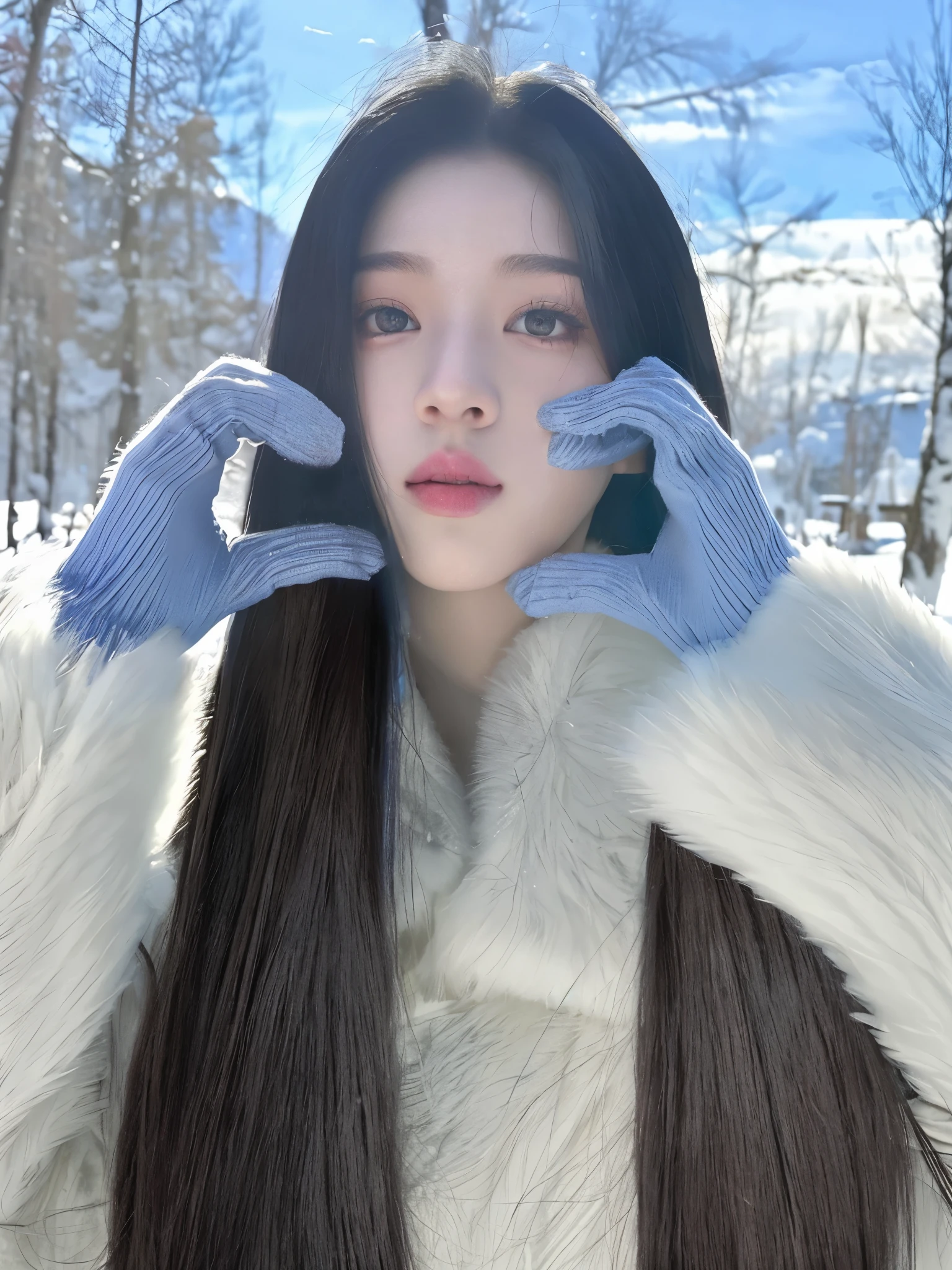 araffe woman with long hair and gloves on in the snow, twintails white_gloves, ulzzang, very long snow colored hair, jisoo from blackpink, belle delphine, jisoo of blackpink, gongbi, cold as ice! 🧊, sha xi, pale snow white skin, portrait jisoo blackpink, blackpink jennie, cold, cold but beautiful