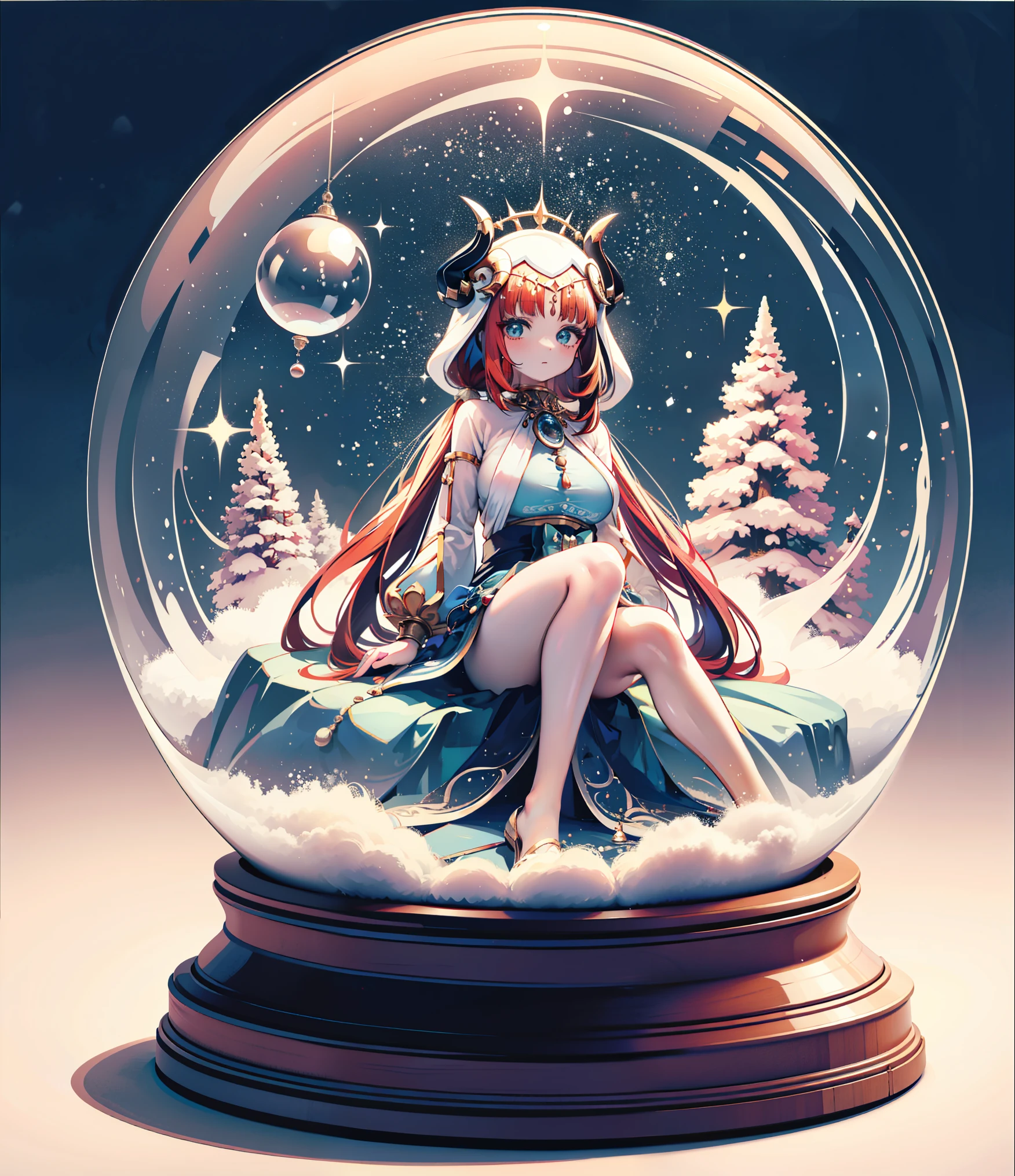 girl trapped in crystal ball,alone, fantasy art style,Gurwitz style artwork, Round glass cover, Very round crystal ball, best quality,masterpiece,ultra high resolution,Nilaudev, Nylund,(masterpiece),best quality, 1 busty girl在水晶球里面, expressive eyes, is a perfect face, full body lesbian, sitting,Yuki, buliding, Christmas,1 busty girl,,English text,Yukiing