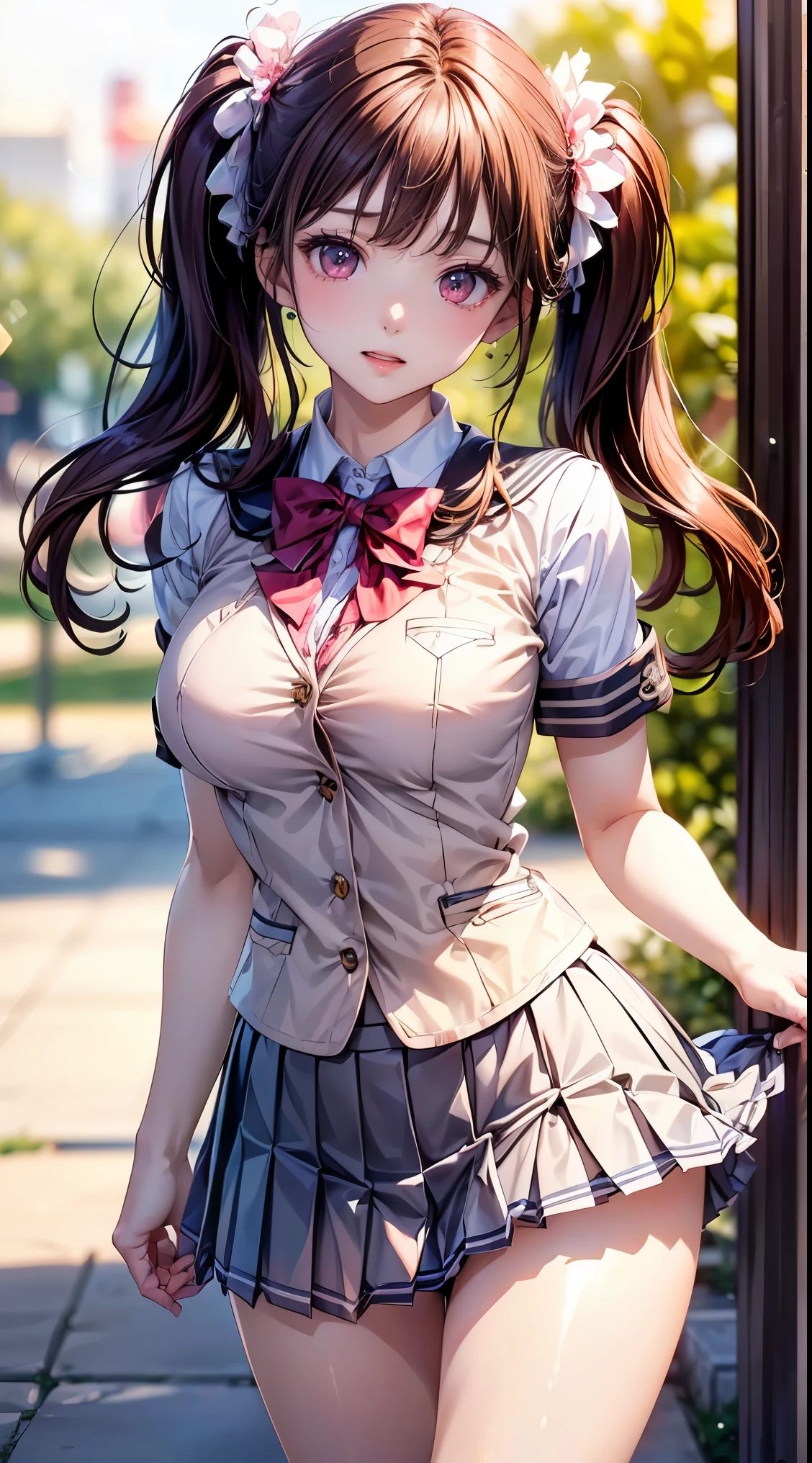 ((1 girl)), (twin tails), brown hair, wonderful face and eyes, pink eyes, (amazingly beautiful girl), brown hair, (High School Uniform, pleated mini skirt:1.5), ((highest quality)), (super detailed), (very detailed CG 統合 8k 壁紙), very detailed, High resolution raw color photos, professional photography, (((Bokeh))), Depth of bounds written,