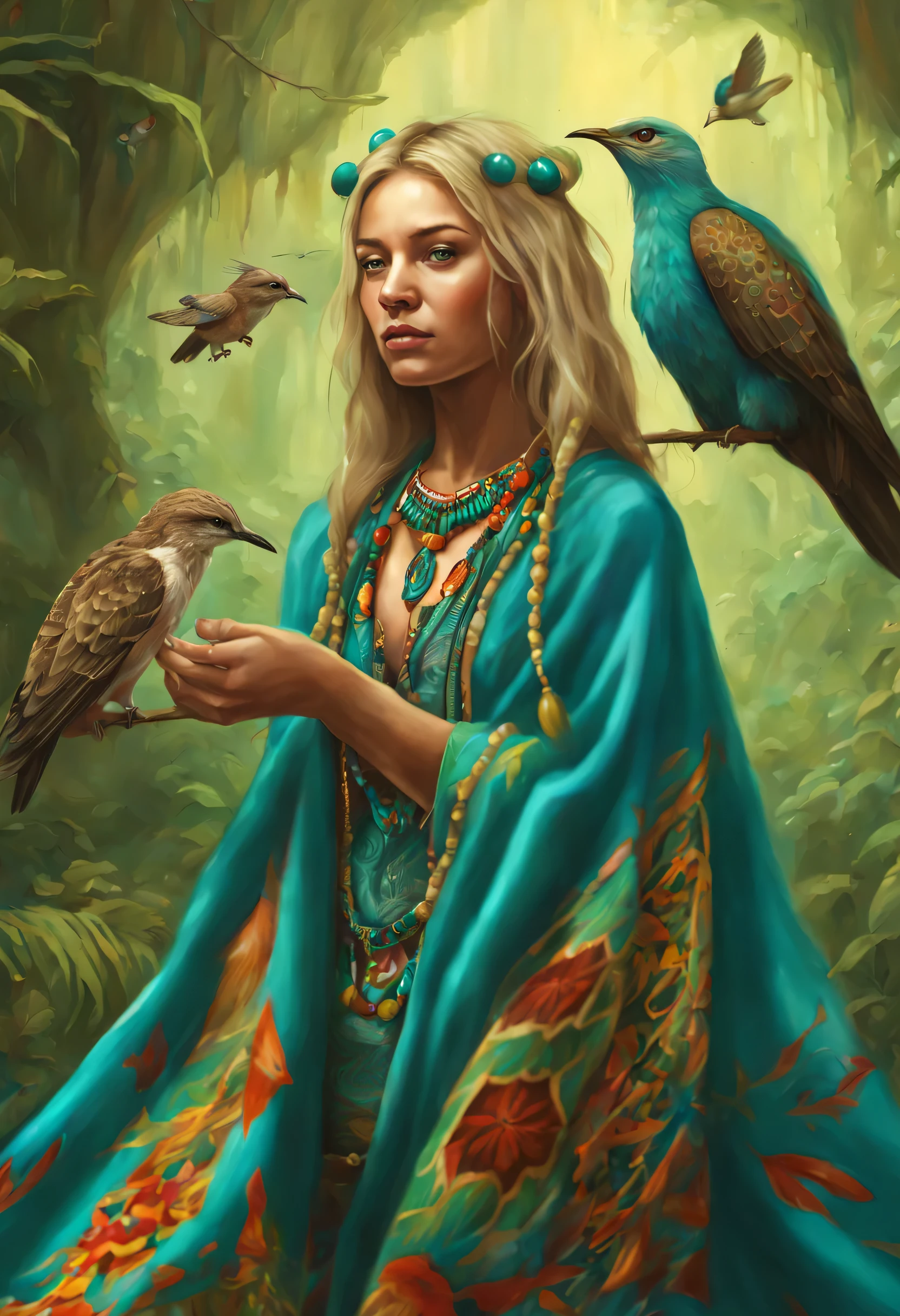 Hummingbirds flying around a beautiful girl shaman with blonder hair and wearing a teal shawl over a turquoise cloak with Shipibo textile patterns, she has a redtail hawk feather peyote beaded fan, she in a clearing in the Amazon rainforest with young jaguars and ayahuasca vines, photorealistic, iphone 64k, artstation concept art, peyote buttons growing on the ground and a blue deer dancing, ar 16:9 --v 5.2, sci-fi, dramatic angle
