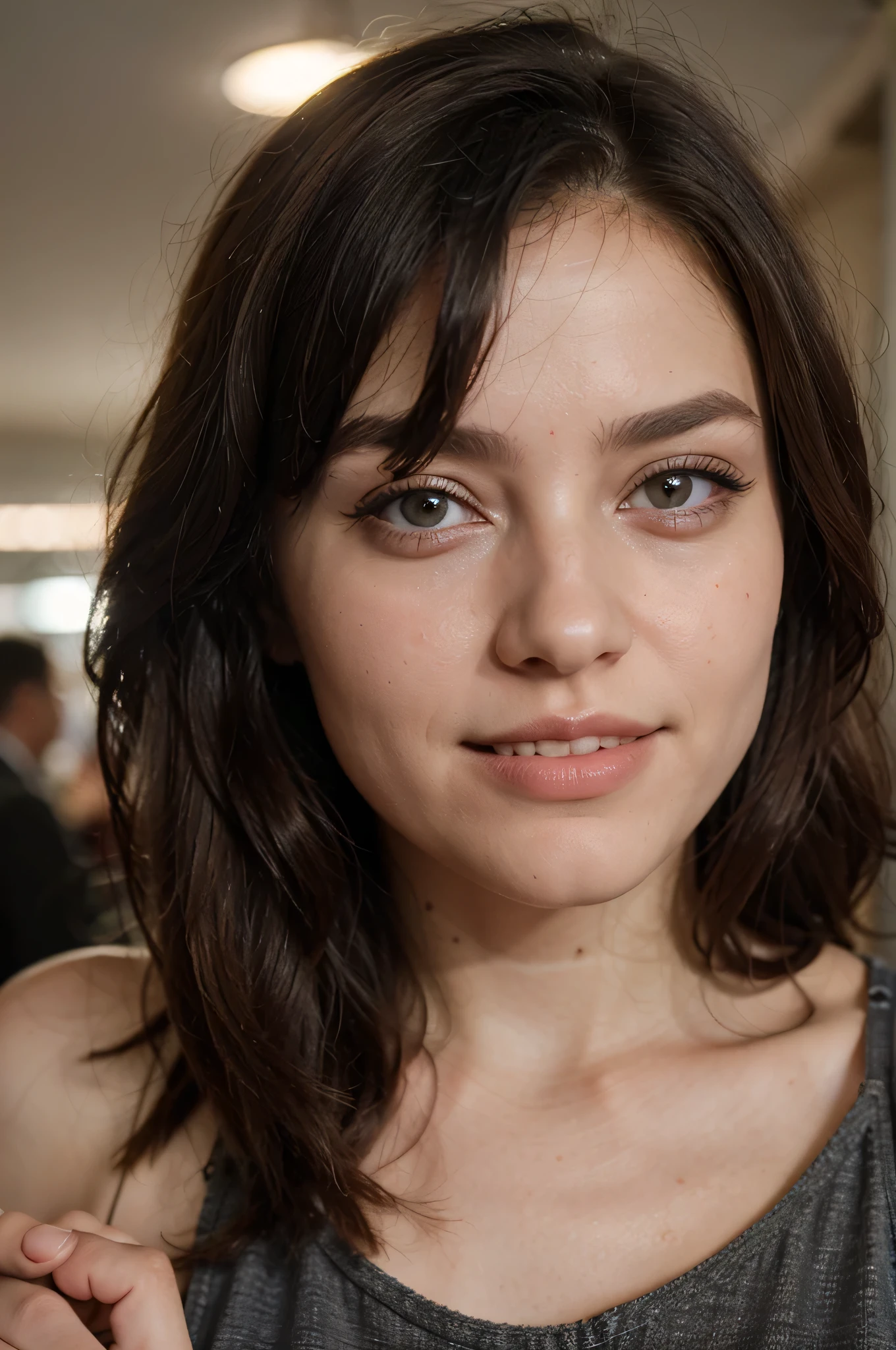 Photo of a 25-year-old girl, brunette short straight hair, dark big blue eyes, very natural face, supermodel face, very pretty, wide lips, Thin eyebrows, pointy nose, long eyelashes. the face looks straight into the camera from the front, naked, Ultra textured skin, kneeling, crying, focus on breast