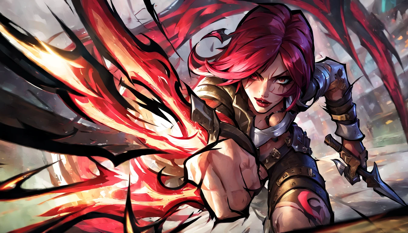 best aesthetic, lolsplashart, soul fighter katarina, 1girl, solo, scar on left eye, tattoo on abdomen