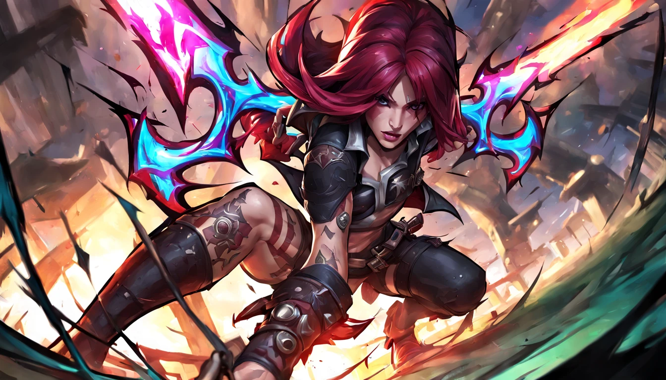 best aesthetic, lolsplashart, soul fighter katarina, 1girl, solo, scar on left eye, tattoo on abdomen