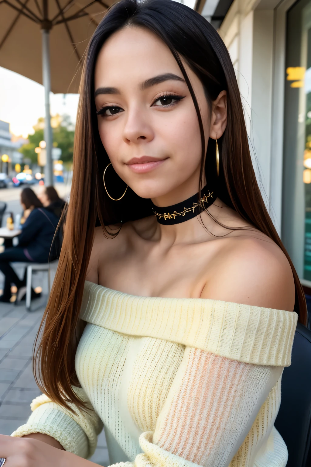 sharp eyes, look straight, I&#39;m very happy,long hair, wearing an off-the-shoulder sweater, choker, close up portrait, in a outdoor cafe in 2015, Afternoon light