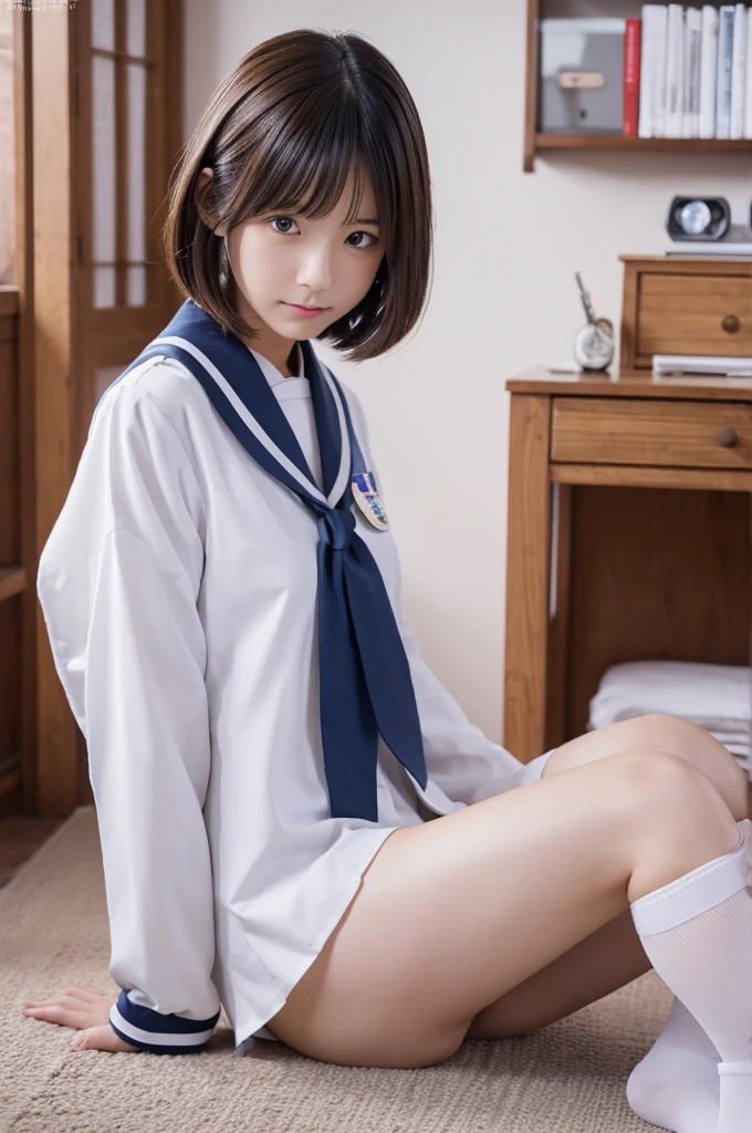 Japanese  in sleeveless sailor suit half naked with big nipples exposed。。The pleated skirt is quite short、She spreads her legs wide open and her pussy is completely visible。The thighs are plump and meaty。Short hair and a 。