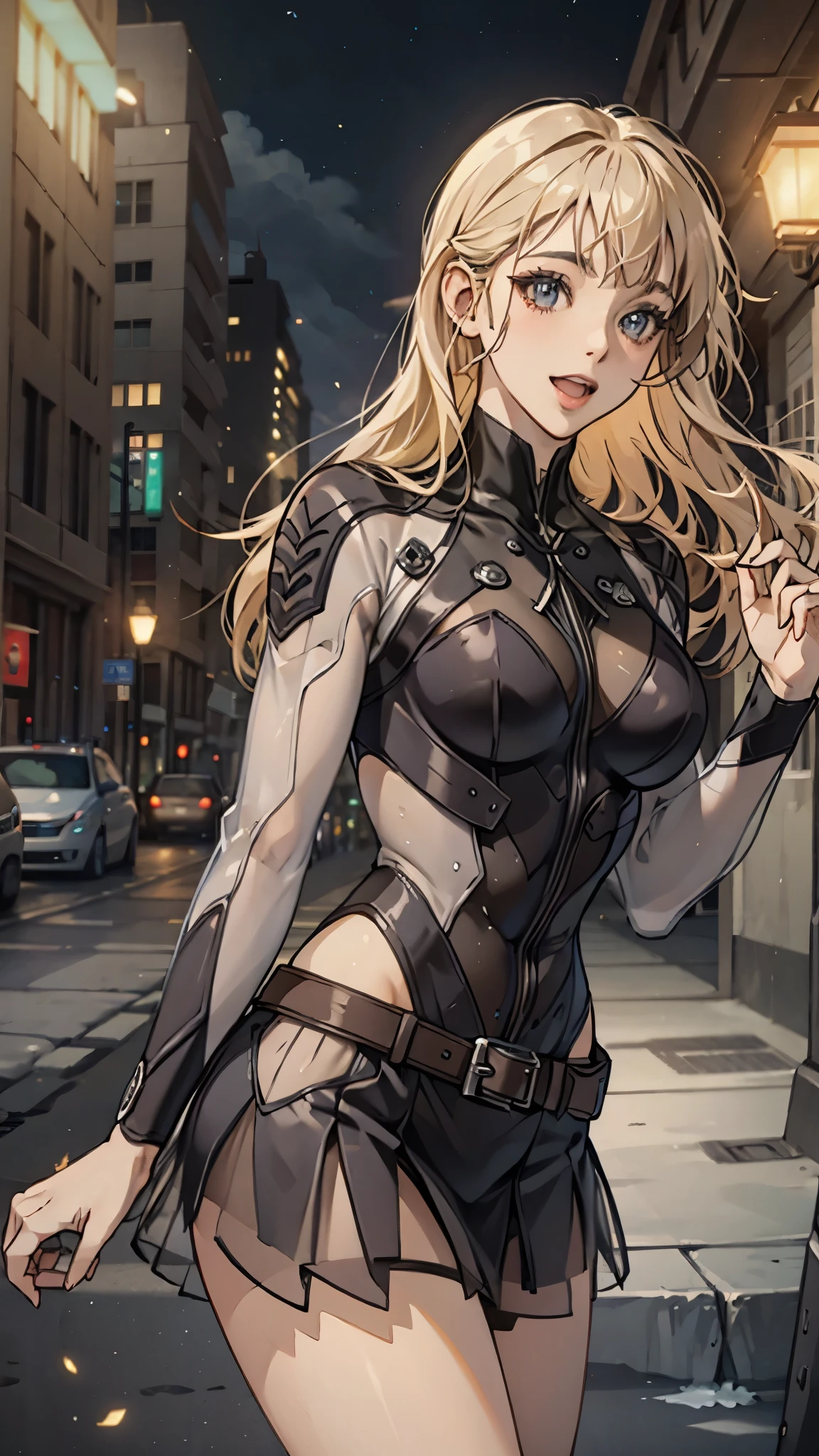 woman,20-year-old,,city,night,((white tight miniskirt bodysuit)),(Harada Makoto),open mouth smile,(((See-through))),((blonde)),long hair