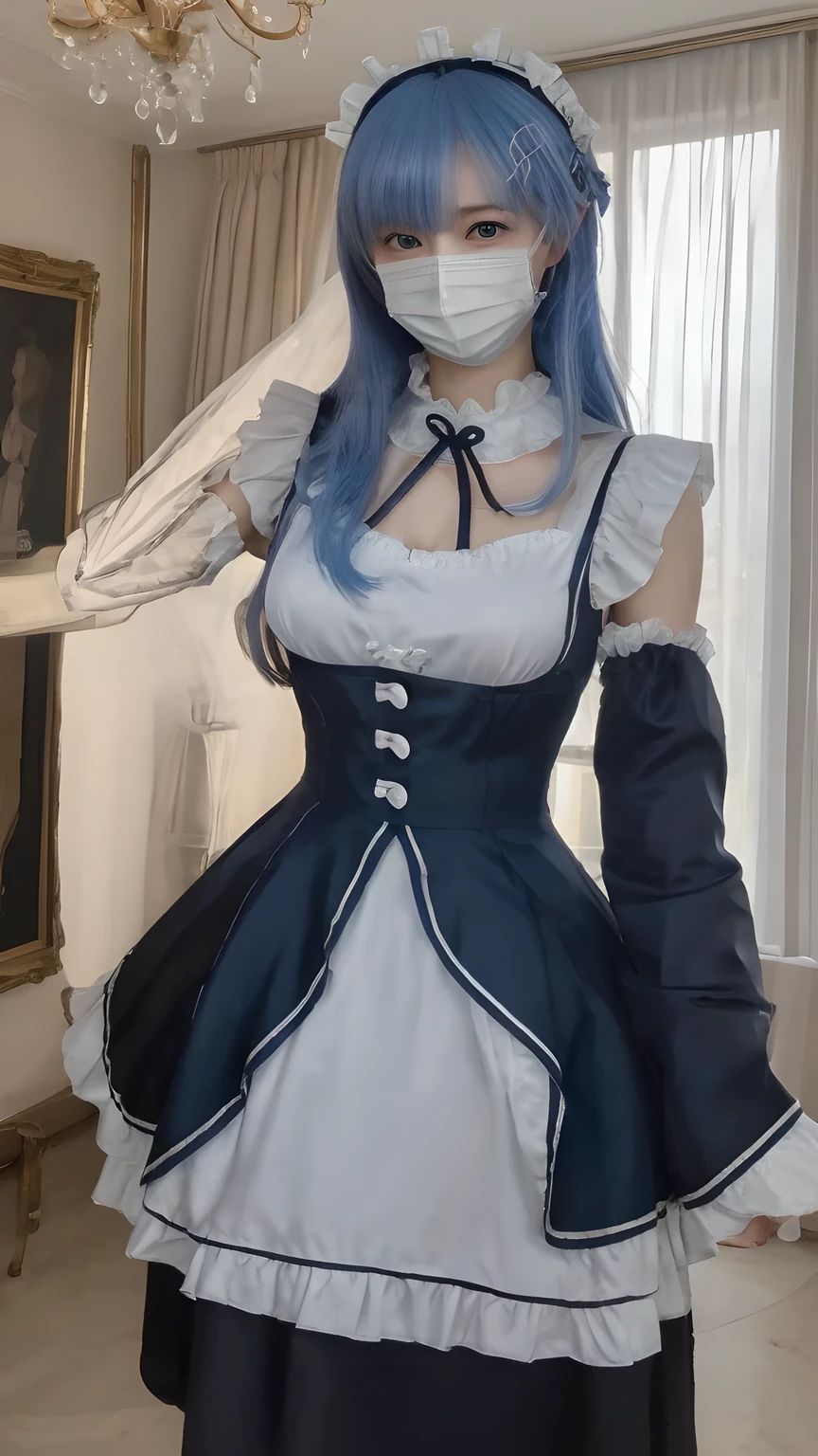 (masterpiece:1.2),best quality,high resolution,unity 8k wallpaper,(illustration:1),perfect lighting,extremely detailed CG, finely detail,extremely detailed,soft lighting and shadow,soft yet striking lighting,film grain:1.2,(skin pores:1.2),(detailed skin texture:1),((solo:1.5)),Detailed face,(see-through:1.1),misty,Low Key:1.1,depth of field, 1girl, solo, rem/maid, dress, miad dress, detached sleeves, bangs, long hair, blue eyes, hair ornament, blue hair, blurry background, mansion interior, blurry, realistic, looking at viewer, pose, front view, big breast, full breast, 3/4 body, mask, mouth mask, surgical mask, eyes smile