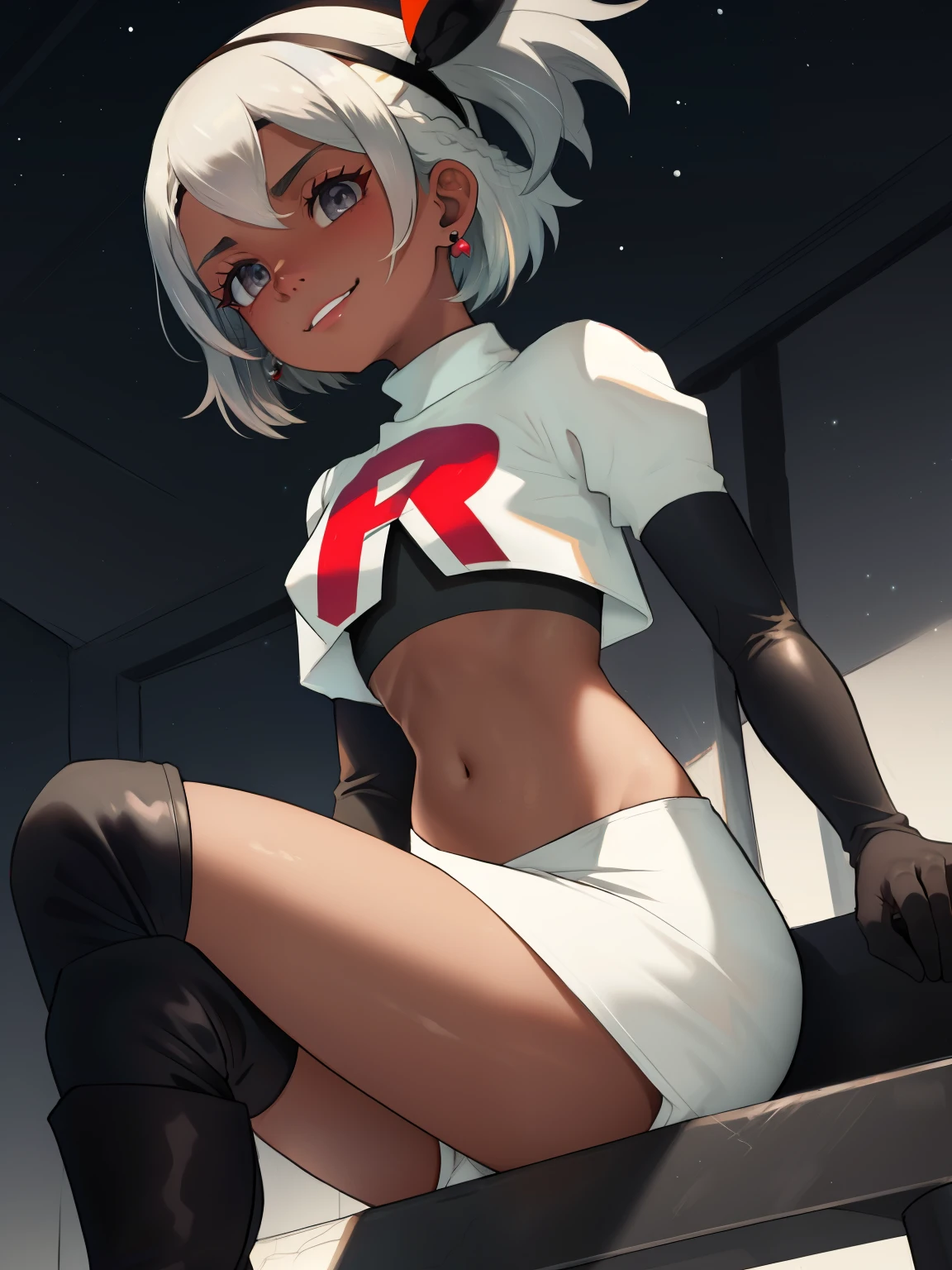 bea pokemon, black hairband, bow, dark-skinned female,hair between eyes, grey hair, short hair,grey eyes ,glossy lips, earings ,team rocket uniform, red letter R, white skirt,white crop top,black thigh-high boots, black elbow gloves, closed mouth, evil smile, looking down on viewer, sitting down ,legs crossed, night sky background