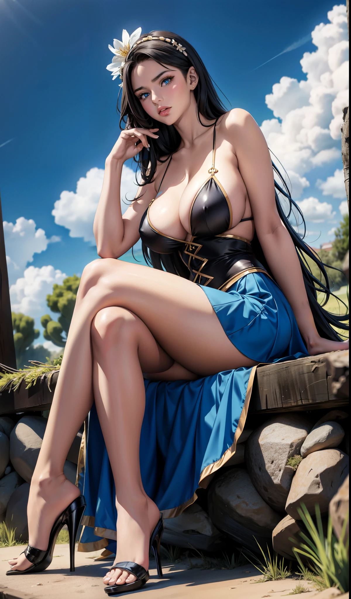 1 milf,High heel, bare leg, sitting, Sky, crossed leg, skirt, long hair, black hair, alone, breast, leg, night, blue eyes, water, bare shoulders, cloud, blue skirt, whole body, split, large breast, flower, night Sky, hair accessories, rock, branch,(High:1.5),(Willow Yao:1.2),(Model:1.5),charm,thin and long,small,