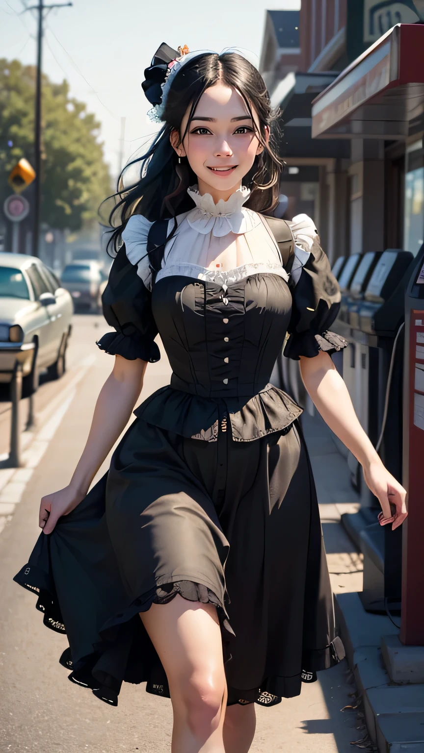 top quality, masterpiece, ultra high resolution, (photoreal: 1.1), 25 years old, laughing, walking, happy, (victorian), (petrol station), RAW photos, one girl, black hair, delicate face, dress movie lighting, a little sweat, sparkly skin ,beautiful and delicate face, beautiful delicate eyes , (realistic, photo realistic:1), Awards, super beautiful, (victorian)