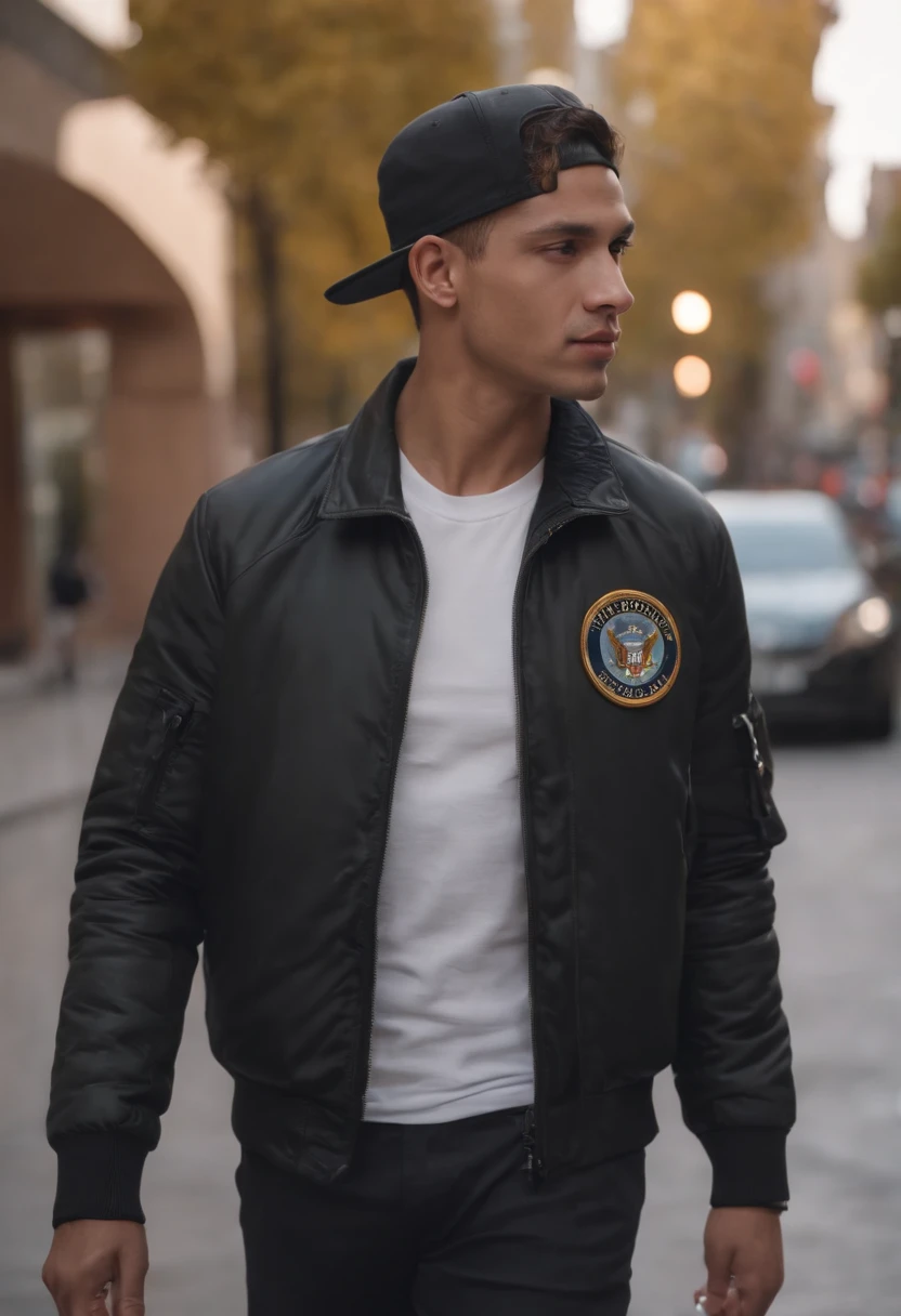 1man walking on the street, black air force jacket and snapback, professional portrait, hyper realistic, ultra detailed photograph, captured with a 85mm lens, f4. 6, bokeh, ultra detailed, ultra accurate detailed, bokeh lighting, surrealism, urban setting, ultra unreal engine, intricate, life-size figures, catcore, r 9:16