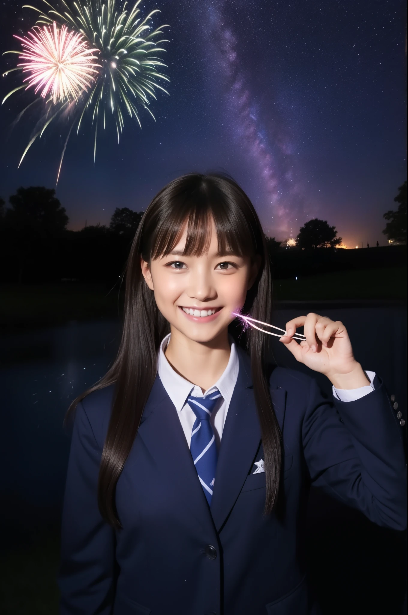 A smile、hi-school girl、校服、While doing fireworks、starrysky、Aurora