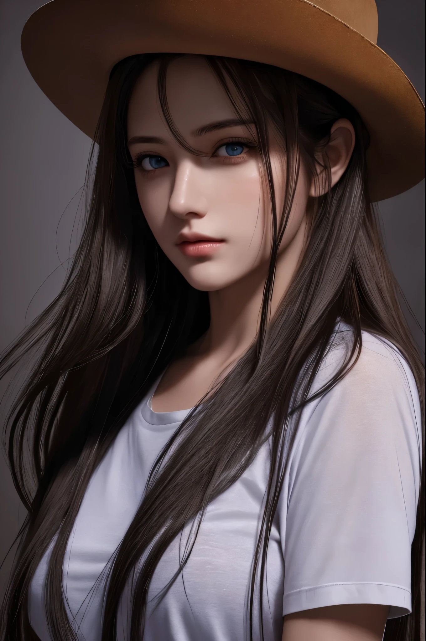 best quality, masterpiece, ultra high resolution, (lifelike:1.37), original photo, 1 girl, long hair, beautiful eyes, beautiful face, Detailed eyes and face, t-shirt, dynamic lighting, in the darkness, deep shadow, low profile, cowboy shooting