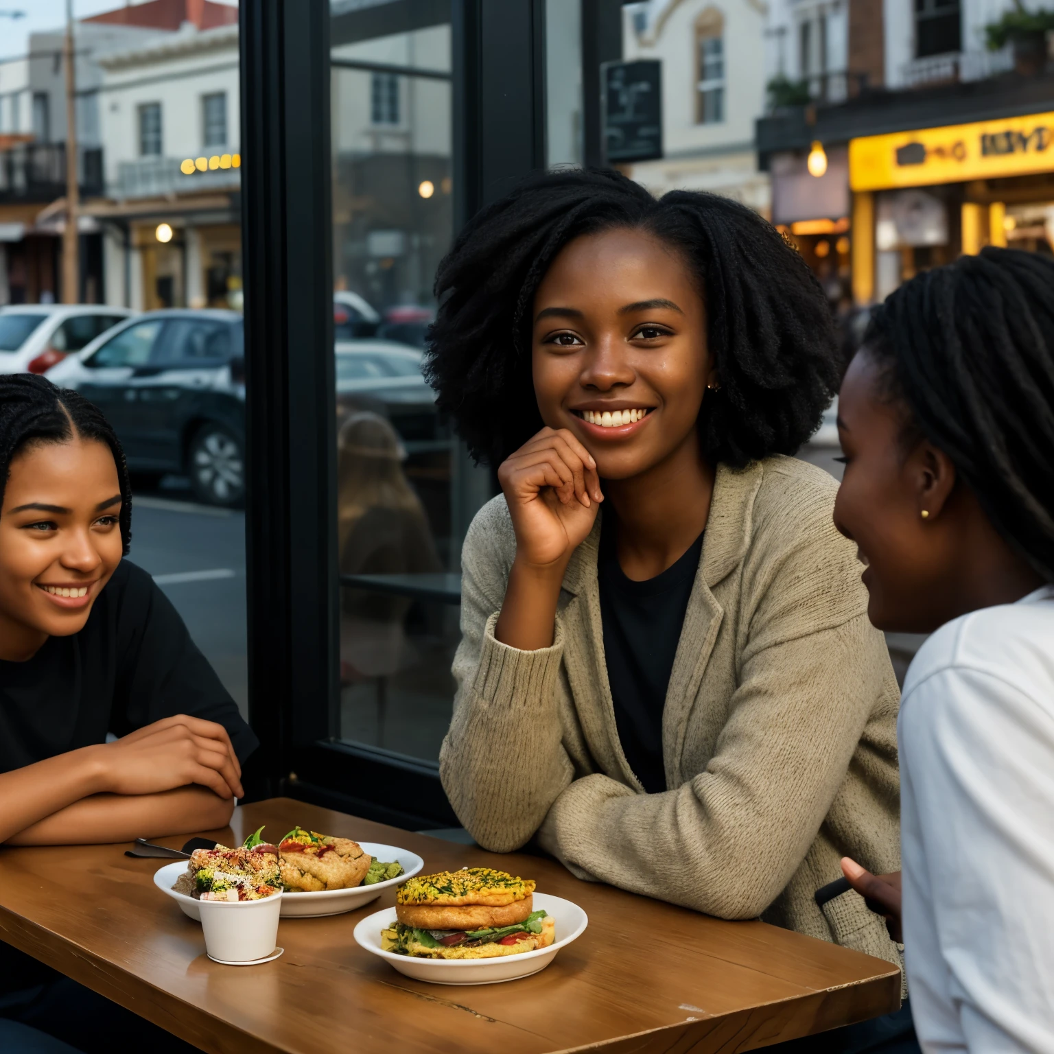 A 23 year old ebony, heads to a cozy cafe in the heart of Cape Town for a delightful lunch with 3 close friends, Sitting at a fast food place with few people, golden hour time, a busy street is seen outside the window. The vibrant atmosphere and delicious cuisine become the backdrop for laughter and shared memories
