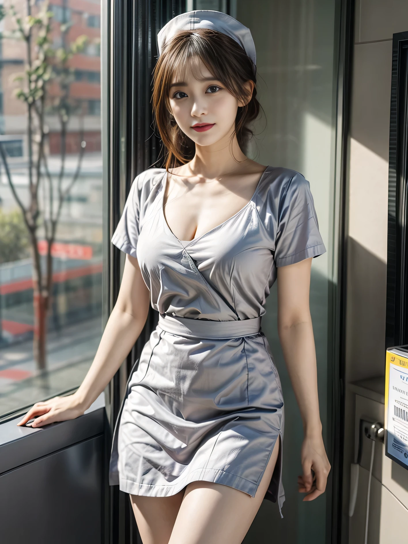 1 girl,20 years old, 170cm tall、Physical coordination、Proportions are well-proportioned、standing beside window,Bright backlight, alone, {Beautiful eyes details 1.3)(round eyes:1.8) , Highly detailed facial and skin textures, Natural and soft light, dark brown hair,natural drape, Exquisite facial features, blunt bangs, beautiful korean girl, Eyes are bright, happy smile 、(She is wearing a pure white nurse uniform:1.3)、(She is wearing an exquisite miniskirt:1.3)、Wearing red high heels,hands in pockets、E杯、Realistic cleavage,film grain,full-body shot,long legs,masterpiece, best quality, light, Super detailed,, ultra high resolution, 8k wallpaper, Perfect dynamic composition, Exquisite facial features,It's a perfect face,Facing the peak of sexual arousal, looking at the audience,hair natural,clavicle,Ultimate light and shadow,(Skin texture is extremely delicate1.3), (Perfect details: 1.1),Looks a lot like actor Yang Mi,