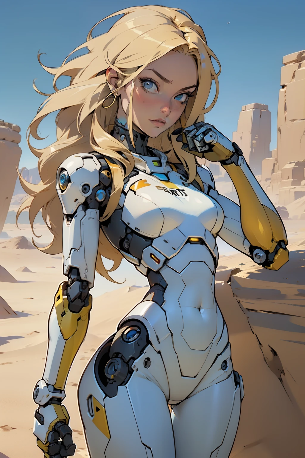 high quality, 4k, masterpiece, beautiful, cyborg girl, cowboy shot, dull eyes, looking at viewer, long blonde hair, girl, small breasts, fit thigh, robotic arms, robotic body, cyborg body, yellow accent, intricate detail, joint, detailed lines, robotic detail, holding fist up, holding hand up as fist, color robotic parts, robotic parts with color, perfect fingers, on a desert planet, sunny background, colorful desert,