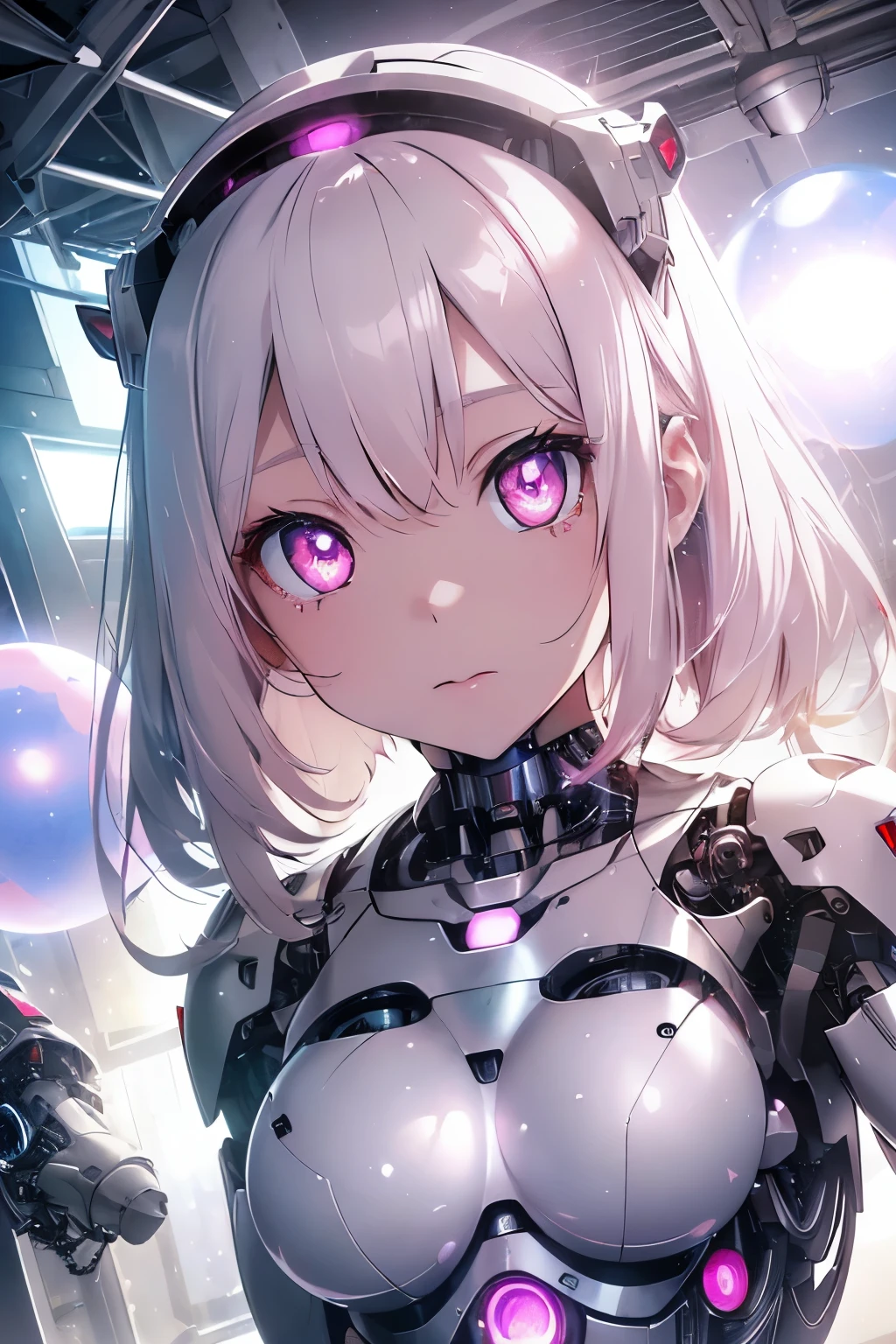 (pink eyed girl),(that reflect white light:1.1),(Clear Eyes Concept Art:1.2),(Shines like the reflection of light in a photo),(Super detailed:1.3),(eye reflection:1.2),(Spheres of many sizes fill the screen:1.4),(machine body:1.3),(Cyborg body:1.35),(android:1.3),(Sphere of light:1.25),(small breasts:1.25),
