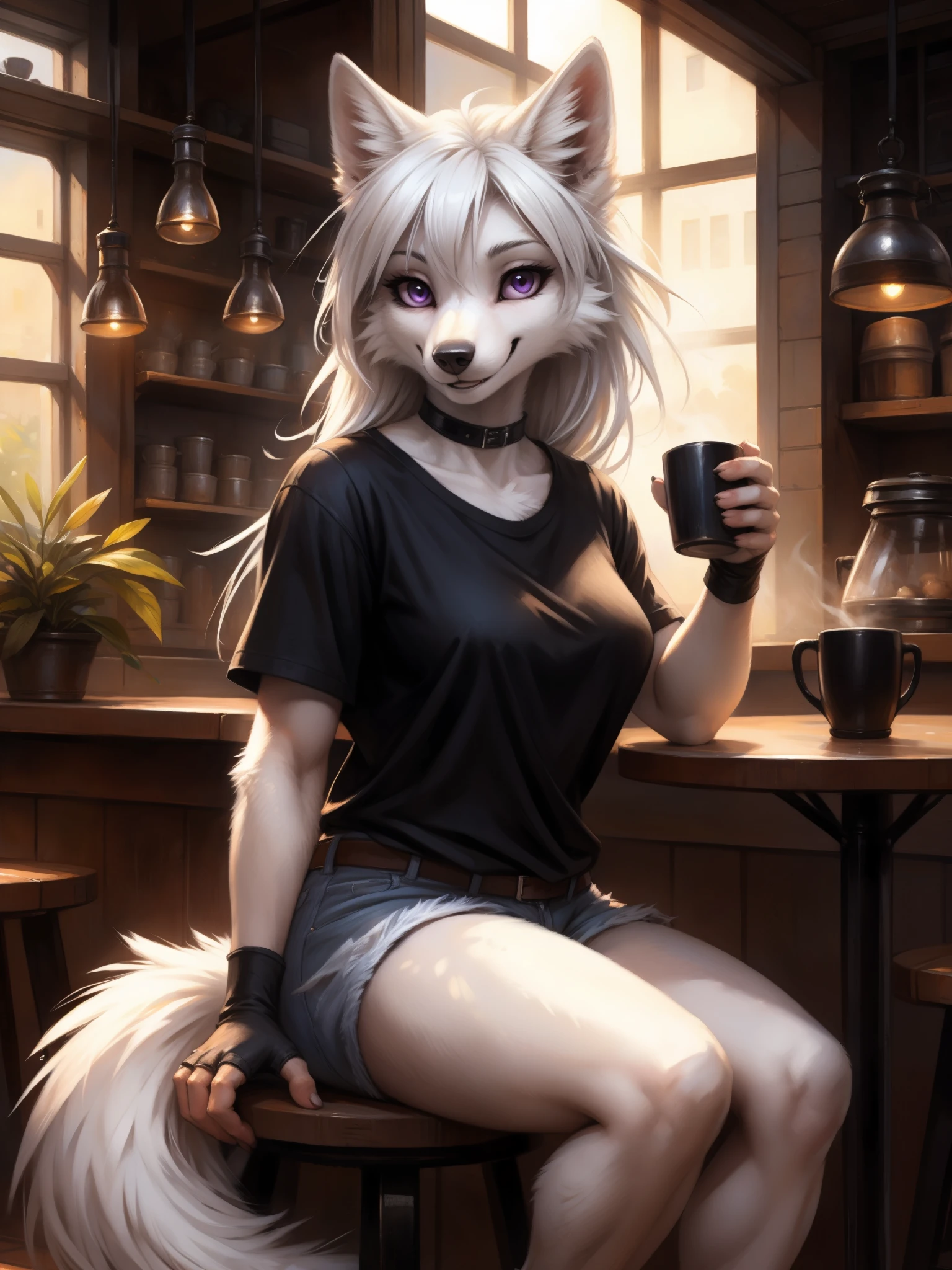 by kenket, by totesfleisch8, (by thebigslick, by silverfox5213:0.8), (by syuro:0.2), an all white wolf, female, purple eyes, white sclera, white wolf ears, long white hair, long white bangs, hair parted in the middle, cute snout, black nose, wolf tail, wearing black t shirt, black arm warmers, fingerless black gloves, black choker, jean shorts, black boots, indoors, in a cafe, sitting, behind a table, a cup of coffee in front of her, smiling and laughing, looking at viewer lovingly
