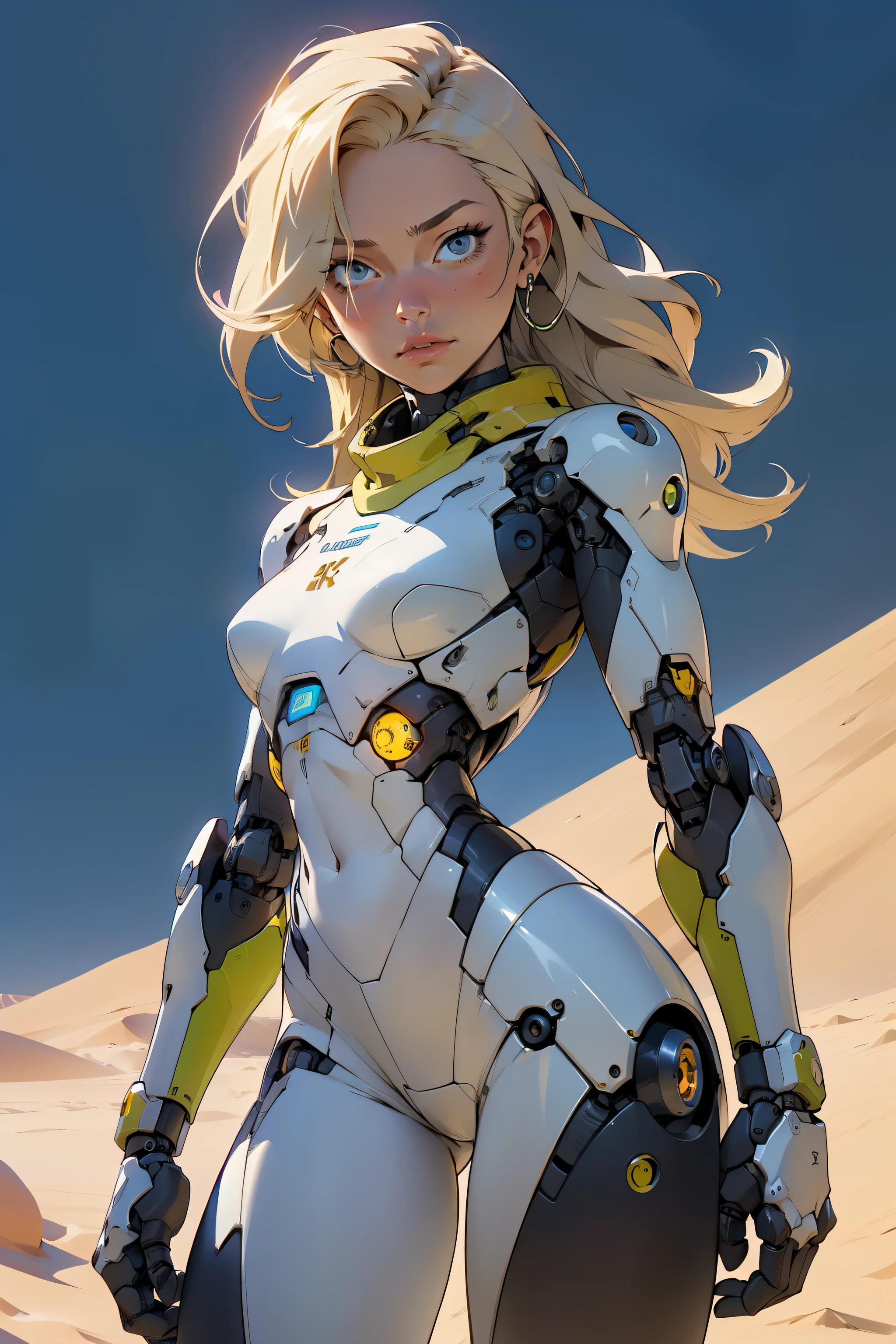 high quality, 4k, masterpiece, beautiful, cyborg girl, cowboy shot, dull eyes, looking at viewer, long blonde hair, girl, small breasts, fit thigh, robotic arms, robotic body, cyborg body, yellow accent, intricate detail, joint, detailed lines, robotic detail, holding fist up, holding hand up as fist, color robotic parts, robotic parts with color, perfect fingers, on a desert planet, sunny background, colorful desert,