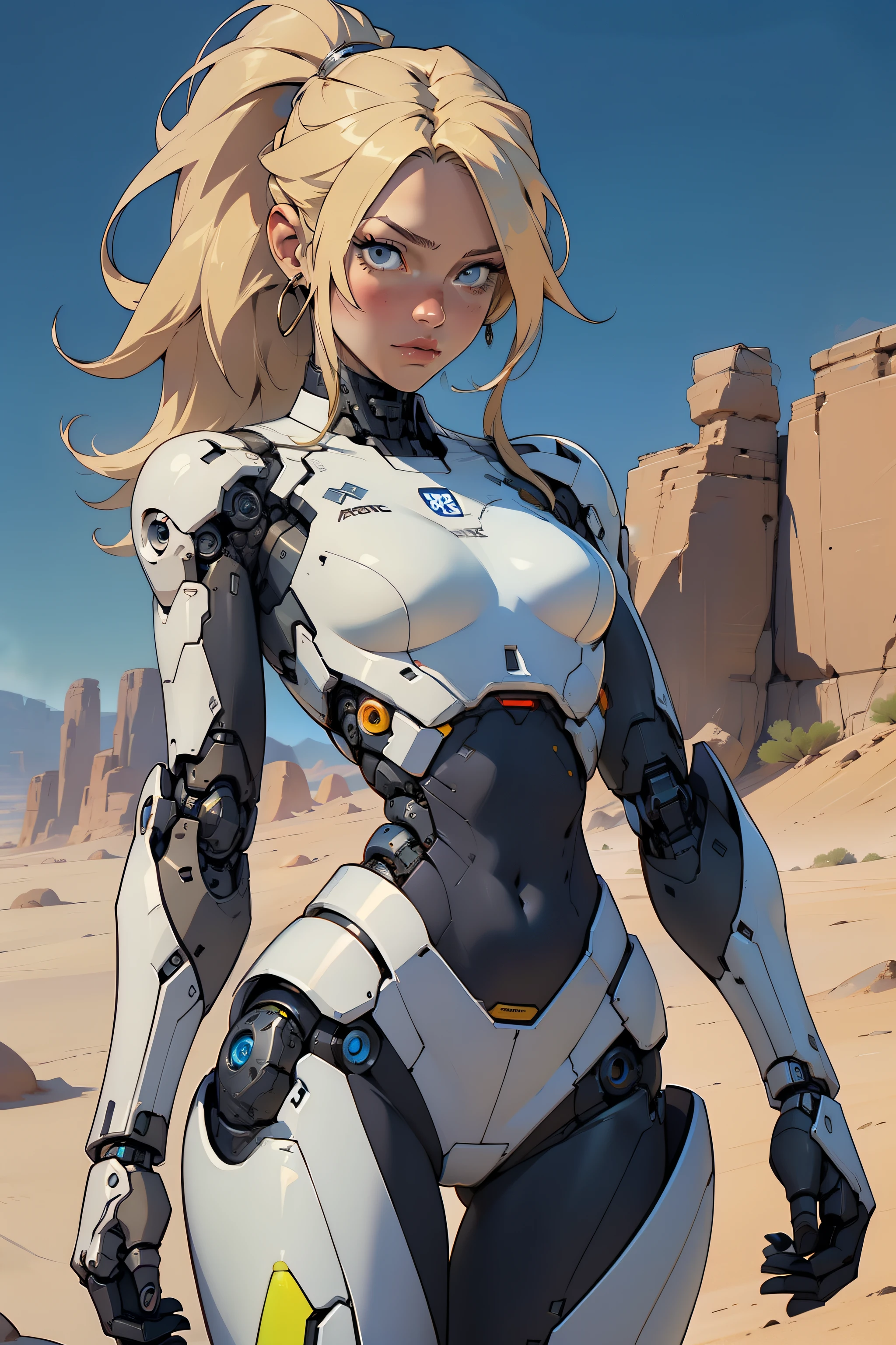 high quality, 4k, masterpiece, beautiful, cyborg girl, cowboy shot, dull eyes, looking at viewer, long blonde hair, girl, small breasts, fit thigh, robotic arms, robotic body, cyborg body, yellow accent, intricate detail, joint, detailed lines, robotic detail, holding fist up, holding hand up as fist, color robotic parts, robotic parts with color, perfect fingers, on a desert planet, sunny background, colorful desert,