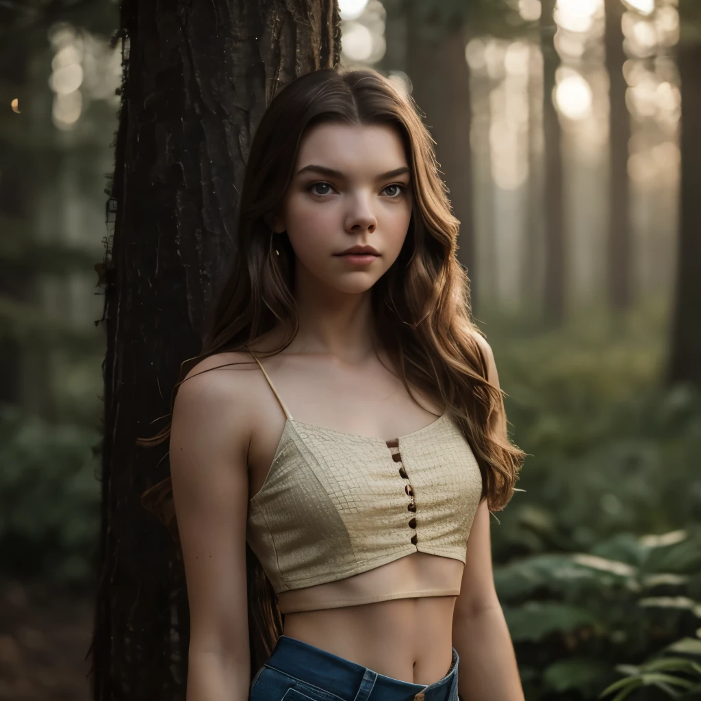 bokeh,distance shot, full view,cinematic light,DSLR,masterpiece,high detailed,brown long hair,dark mood,anya taylor joy, actress, 8k, masterpiece, ultrarealistic picture, perfect details on her face, midriff, cropntop, barefoot, excellent outfit view, perfect randered, perfect texture, actress anyataylorjoy,