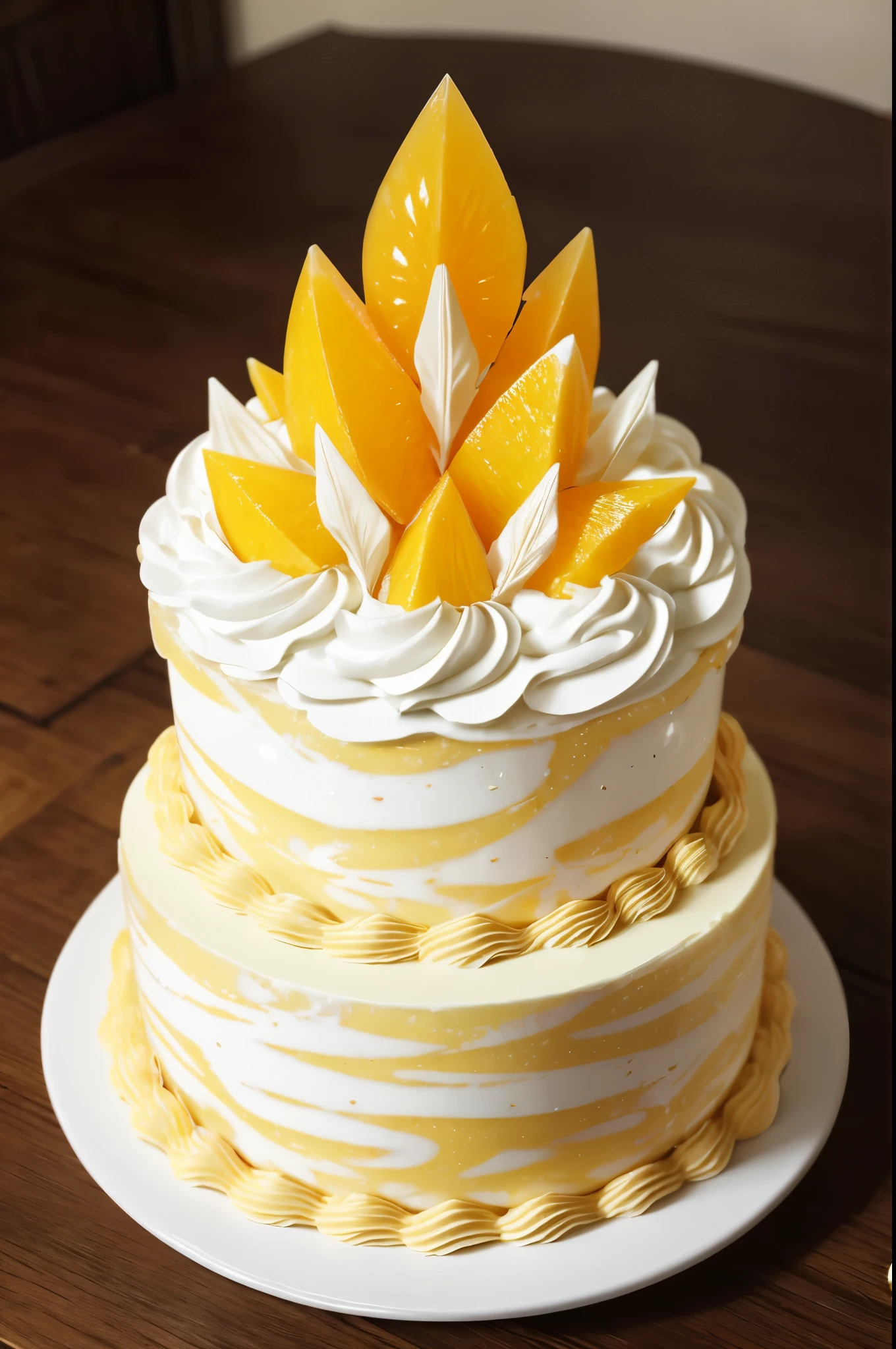 {{{{{masutepiece,Best Quality,ultra-detailliert}}}}},Mango decorated cake in whipped cream, There is a large piece of citrine jelly,Cute fairlys sitting on jelly,