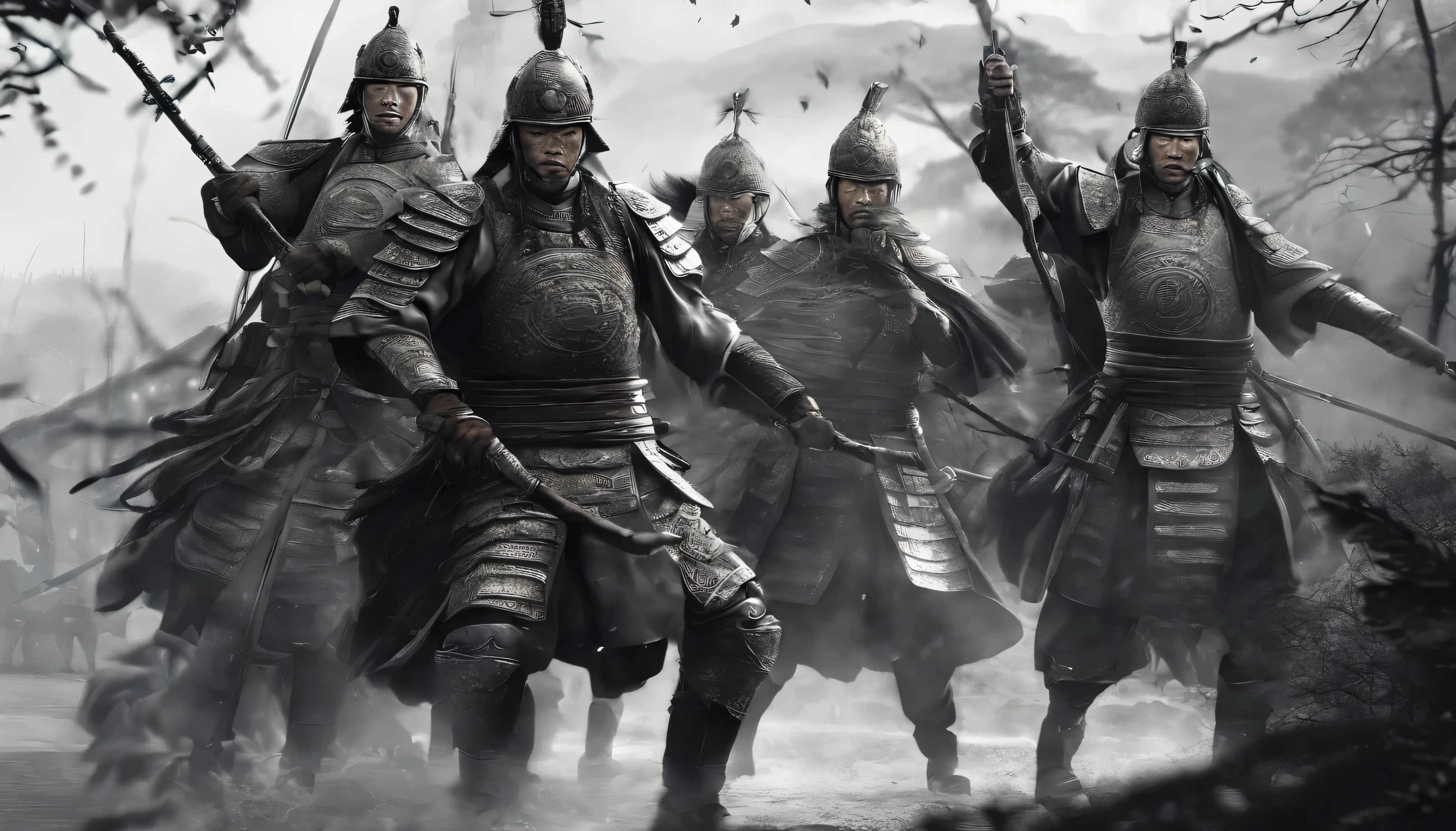 Chinese soldiers, Shields, Swords, Combat-ready armor, Disciplined formations, powerful warrior, Intricate designs on shields and swords, Determined soldiers, Ancient battlefield, Intense fight scenes, Heroic acts, Historical battles repeat themselves, Finely crafted weapons, Highly skilled soldiers, Synchronize motion, Shang Wu spirit, Traditional Chinese war, Legendary Campaign, Strategic war tactics, Honor and bravery, Resolute expression, The moment of adrenaline rush, Military precision, Battlefield camaraderie, Ancient Chinese history, Symbolic ancient symbols, ornamental armor, epic conflicts, Patriotic soldiers, War cry, Fierce fighting spirit, Unwavering dedication, Ancient samurai culture, Amazing martial arts poses, Dark red and gold color scheme, Battle-hardened troops, Rich historical background. (Best quality,4K,8K,A high resolution,Masterpiece:1.2), Ultra-detailed, (Realistic,Photorealistic,photo-realistic:1.37), hdr, hyper HD, Studio lighting, Ultra-fine painting, Sharp focus, Physically-based rendering, Extreme detail description, professional, Vivid colors, Bokeh, sportrait, Ancient war landscape, Traditional Chinese painting techniques, Atmospheric lighting, dynamicposes, Intricate battle scenarios, Vivid color contrast, Visually stunning composition, Ethereal atmosphere, heroism. Black and white