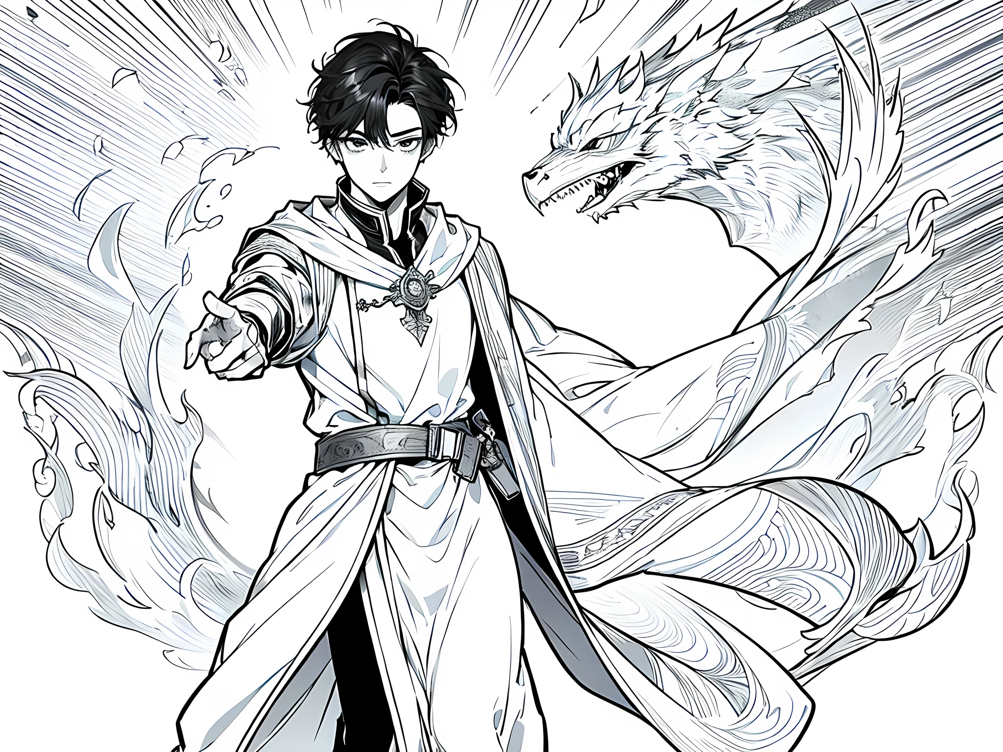 ****ung man, magician, holding a magic wand oh his left hand, black hair, short hair, face to detail, detailed face, happy facial expression, monochrome (clear line, lineart), full-body illustration