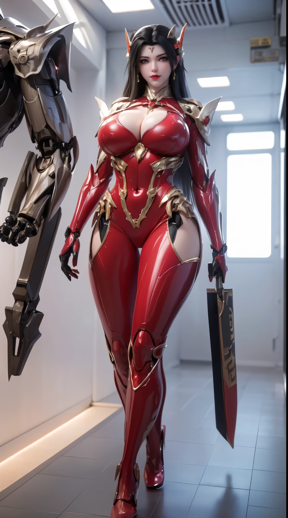 A beauty girl with black hair, (1GIRL, ALONE, SOLO), (PHOENIX GOLD HELM), (BIG BUTTOCKS, HUGE FAKE BREAST:1.5), (CLEAVAGE:1.5), (MUSCLE ABS:1.3), (MECHA GUARD ARMS, DIAMOND CORE IN MECHA ARMOR:1.1), (RED SHINY FUTURISTIC MECHA ARMORED GEAR, BLACK MECHA SKINTIGHT SUIT PANTS, MECHA GUARD ARMOR LEGS:1.5), (SEXY PERFECT BODY, GLOWING SKIN, SEXY LONG LEGS:1.1), (LOOKING AT VIEWER:1.3), (female focus:0.9), (WALKING HALLWAY OF FUTURISTIC SPACE STATION:1), (BRIGHT LIGHT WHITE_ROOM:1.3), HYPER TEXTURE, UNREAL ENGINE RENDER, PHYSICALLY-BASED RENDERING, ULTRA HIGHT DEFINITION, 16K, 1080P.