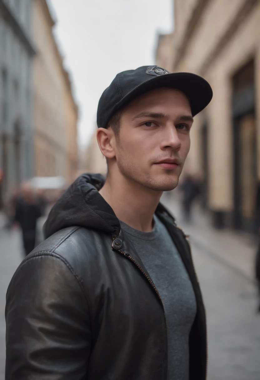 1man walking on the street, black fly jacket and baseball cap, shaved face, professional portrait, hyper realistic, ultra detailed photograph, captured with a 85mm lens, f4. 6, bokeh, ultra detailed, ultra accurate detailed, bokeh lighting, surrealism, urban setting, ultra unreal engine, intricate, life-size figures, catcore, r 9:16