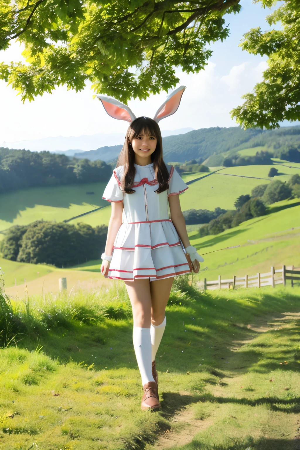 Pretty Japanese brunette bunny girl costume girl countryside scene