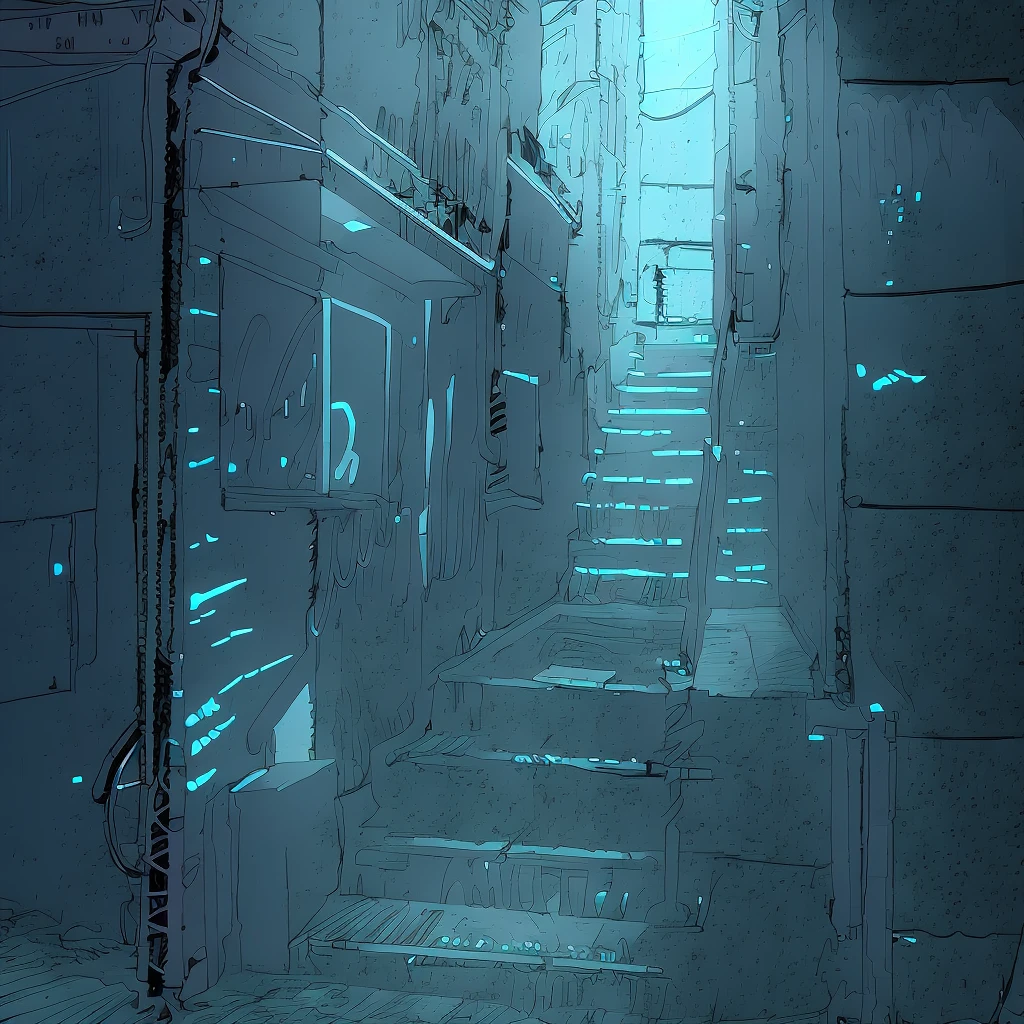 narrow alley with stairs and a neon sign, shady dark backalley at night, cyberpunk back alley, alleyway, hard light digital painting, alley,  low detailed. digital painting, lighting study, anime background art, nightlight study, A man in dark shadows, blue coat, horror, fear