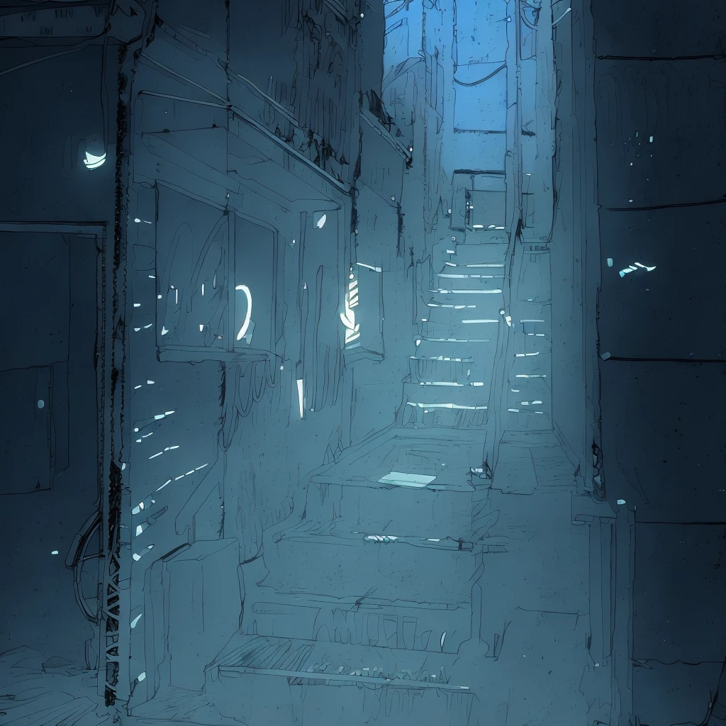 narrow alley with stairs and a neon sign, shady dark backalley at night, cyberpunk back alley, alleyway, hard light digital painting, alley,  low detailed. digital painting, lighting study, anime background art, nightlight study, A man in dark shadows, blue coat, horror, fear