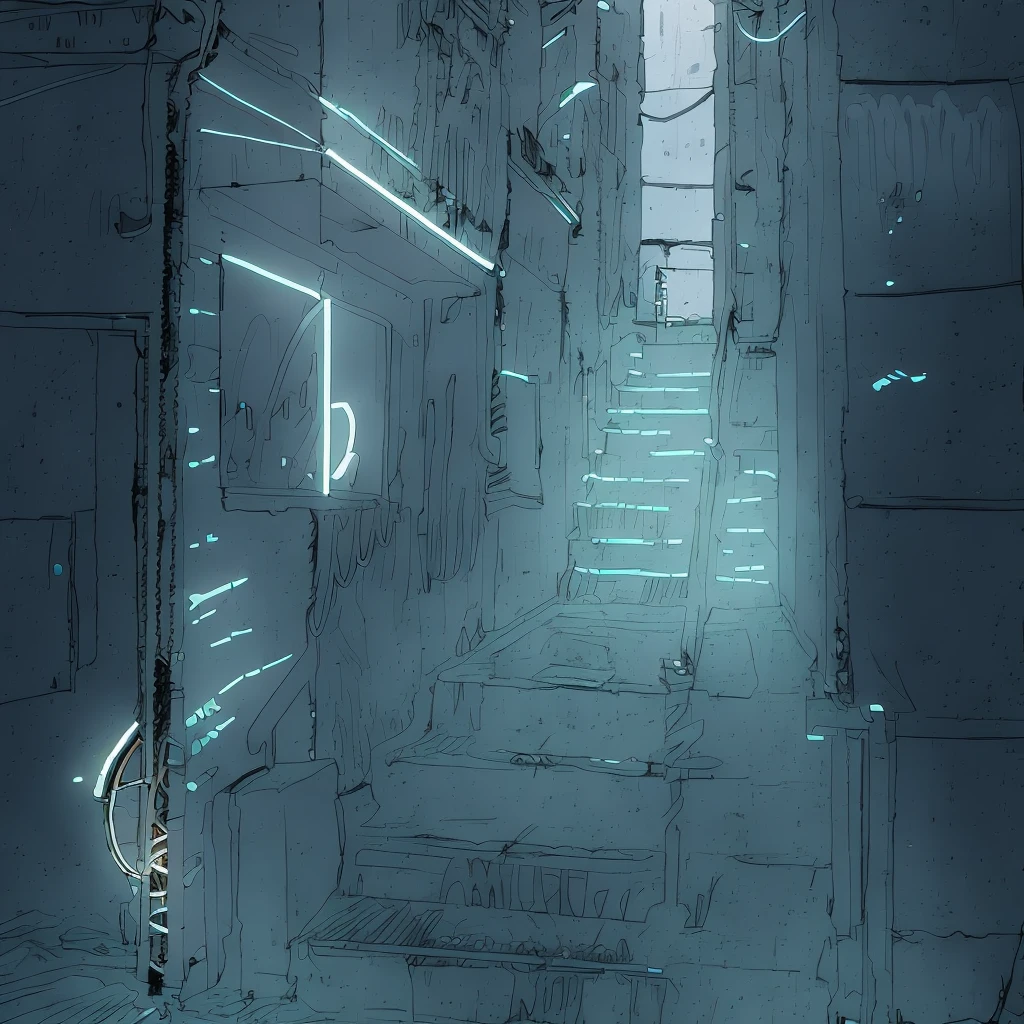 narrow alley with stairs and a neon sign, shady dark backalley at night, cyberpunk back alley, alleyway, hard light digital painting, alley,  low detailed. digital painting, lighting study, anime background art, nightlight study, A man in dark shadows, blue coat, horror, fear