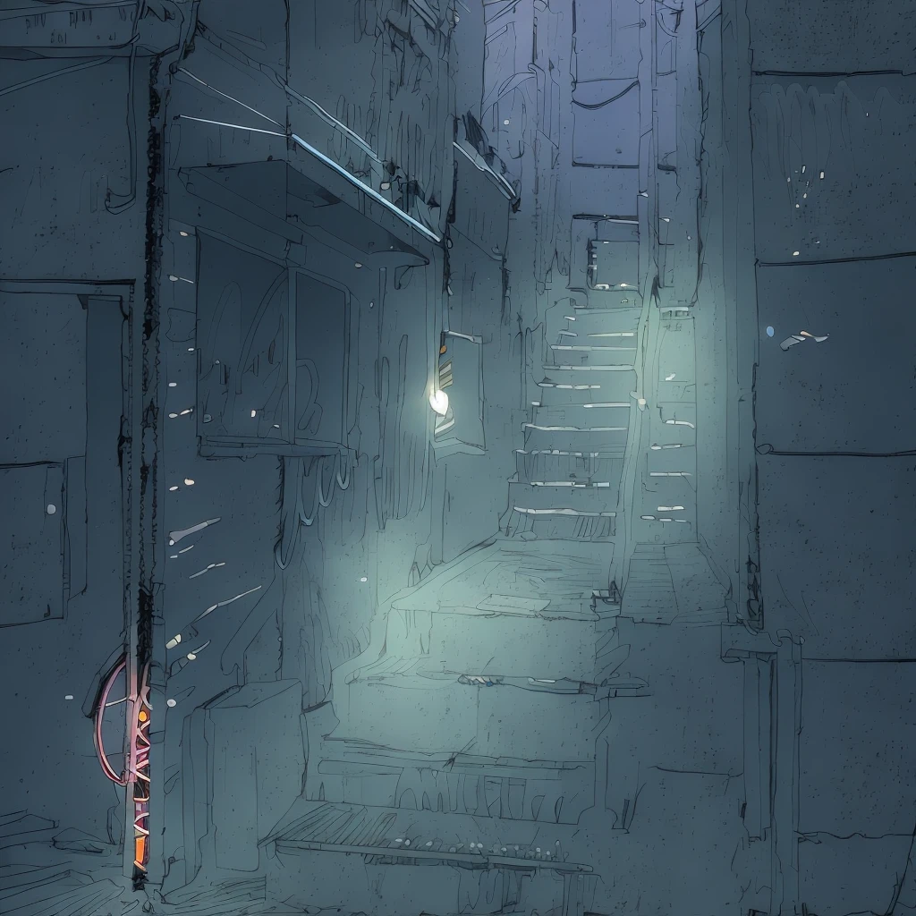 narrow alley with stairs and a neon sign, shady dark backalley at night, cyberpunk back alley, alleyway, hard light digital painting, alley,  low detailed. digital painting, lighting study, anime background art, nightlight study, A man in dark shadows, blue coat, horror, fear