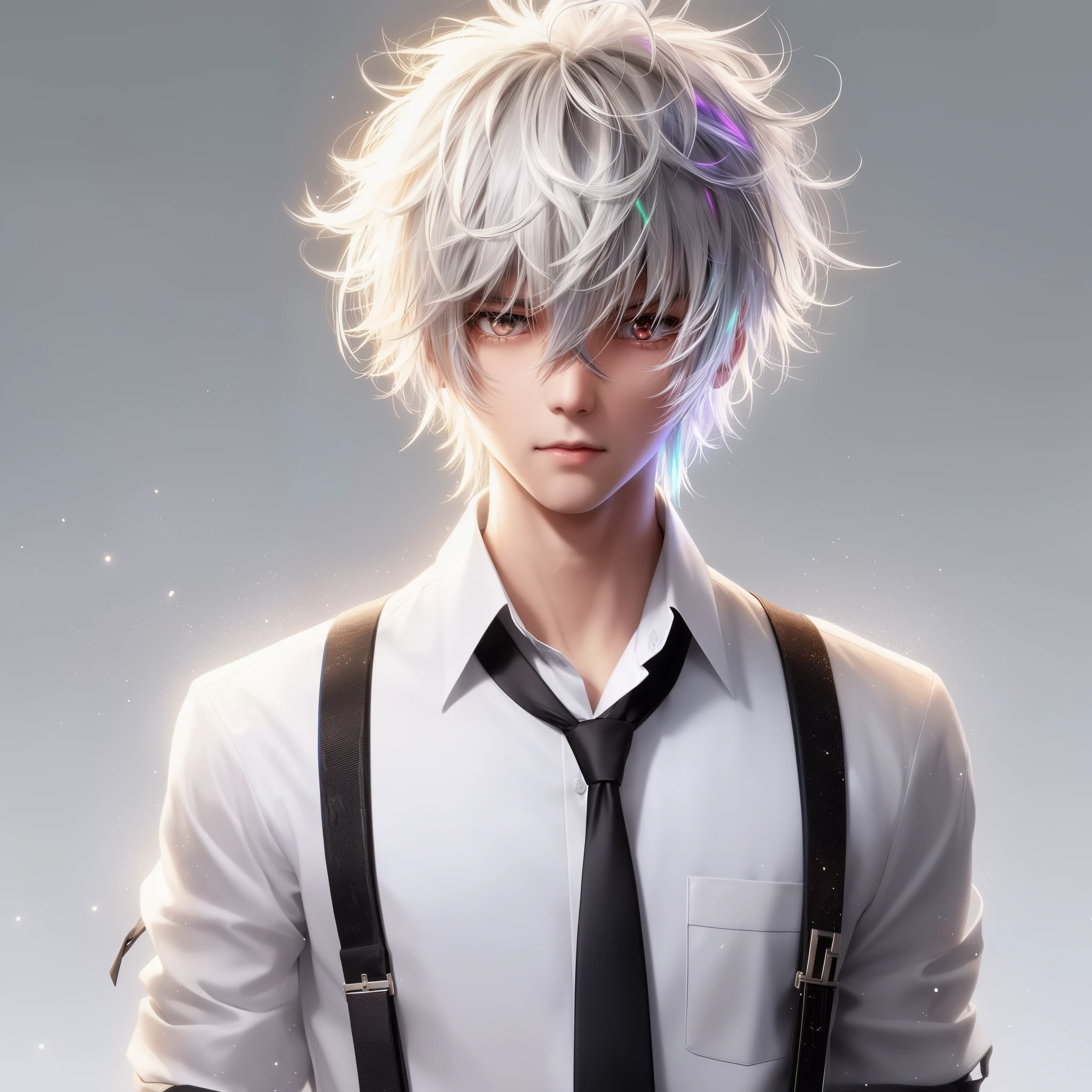 anime boy with white hair and suspenders wearing a tie, male anime character, young anime man, tall anime guy with blue eyes, anime boy, 4k anime wallpaper, detailed anime character art, white haired, best anime 4k konachan wallpaper, anime character, anime art wallpaper 8 k, male anime style, silver haired, anime wallpaper 4k