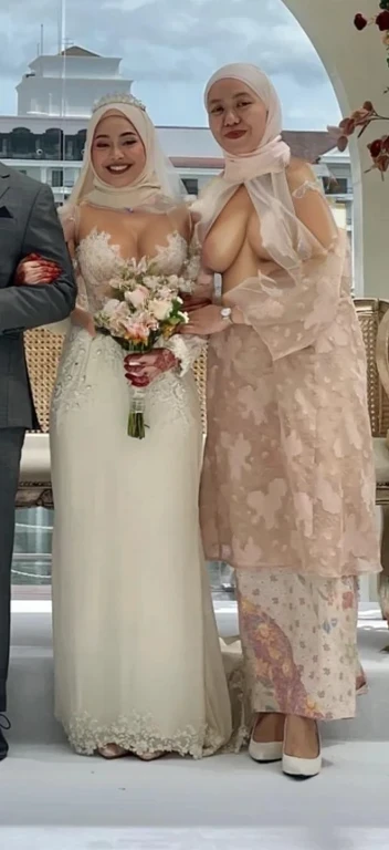 Torso shot, realistic skin texture, details, Highres, contour, (((nude top body))), at wedding, medium sized breast, perfect cleavage