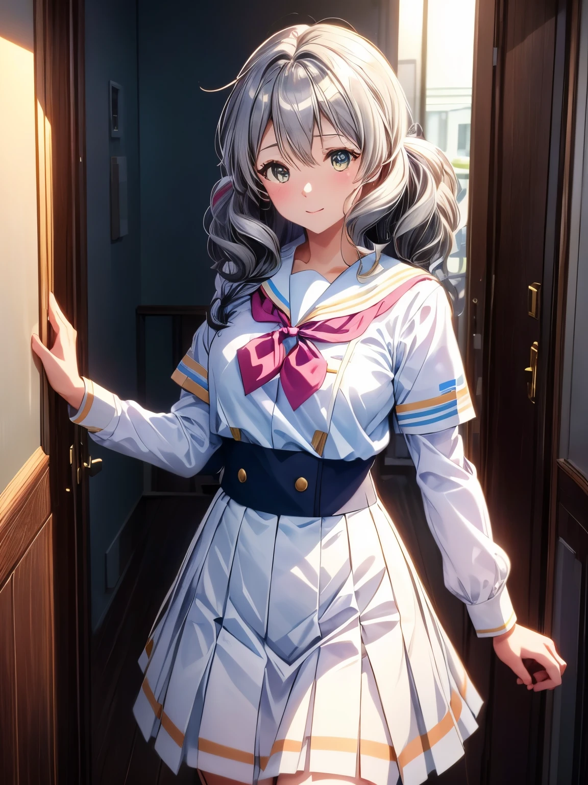 kumiko,1 girl, gray hair, silver hair、Wavy hair、uniform, school uniform, white shirt, skirt, red skirt, black ribbon, 1 girl, Kumiko Kozen, clear image:1, (correct anatomy:1.2), (highest quality:1.2), best illumination, (best shadow:1.1), High resolution, (ray tracing:1), reflected light, (high detail clothing:1.3), ((figure:1.1)), ((masterpiece)), (((highest quality))), ((beautiful and fine eyes)), (extremely detailed CG unity 8k wallpaper:1), ((super detailed:1)), colorful, wallpaper, (perfect artwork:1), (beautiful face:1), pure face, detailed background, (fine hands, five fingers), beautiful face立ち