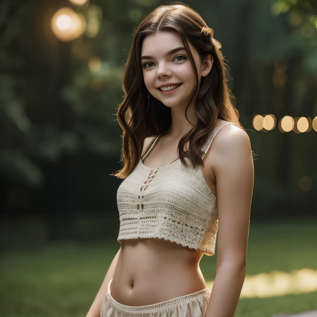 bokeh,distance shot, full view,cinematic light,DSLR,masterpiece,high detailed,brown long hair,dark mood,anya taylor joy, actress, 8k, masterpiece, ultrarealistic picture, perfect details on her face, midriff, cropntop, barefoot, excellent outfit view, perfect randered, perfect texture, actress anyataylorjoy, cute smile, laughing, Wallpaper, belly, midriff