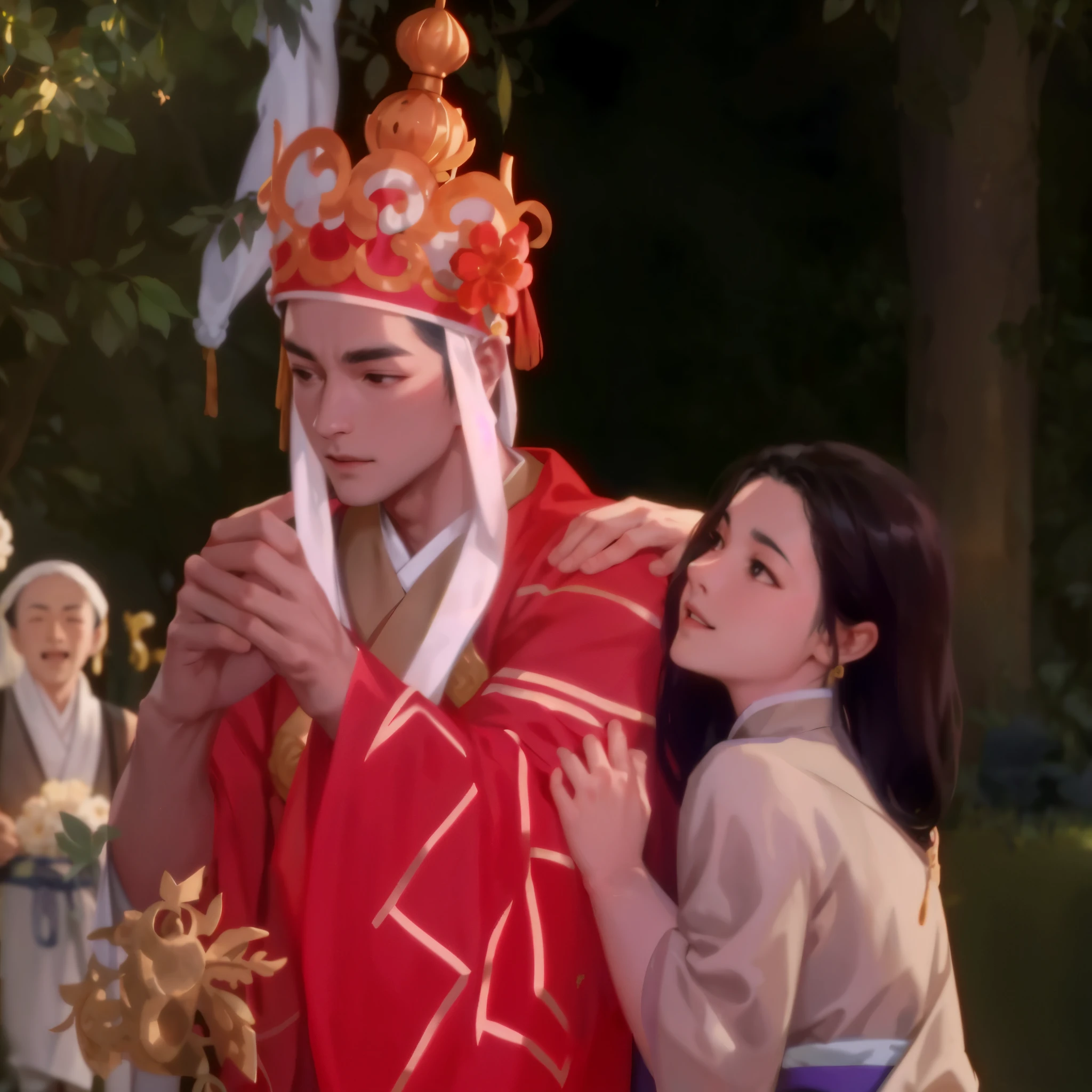 there is a man and woman dressed in costumes standing next to each other, coronation of the flower prince, scene from live action movie, wearing ancient chinese clothes, screenshot from a movie, wuxia, still from a live action movie, still from a fantasy movie, palace ， a girl in hanfu, still from the movie, hanfu, wearing gilded red robes，Bright colors, celluloid style, 2.5d