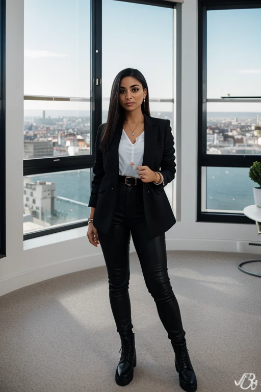 Uma jovem marketeira de 30 anos, standing in a modern, colorful agency office. She is dressed in an oversized fashionista outfit. Ela usa um blazer oversized na cor preta. Por baixo do blazer, uma blusa de seda. His shoes are black combat boots., que complementam o visual. Minimalist accessories, like an elegant wristwatch and a thin silver bracelet, adornam seus pulsos. Her hair is straight, pretos, longos e com franja pinup. The office around her reflects an atmosphere of modernity and success, com uma mesa de madeira, advanced technology, organized documents and a large window that offers a panoramic view of the city. Soft, well-distributed lighting highlights her figure, highlighting her as a central figure of competence and determination.