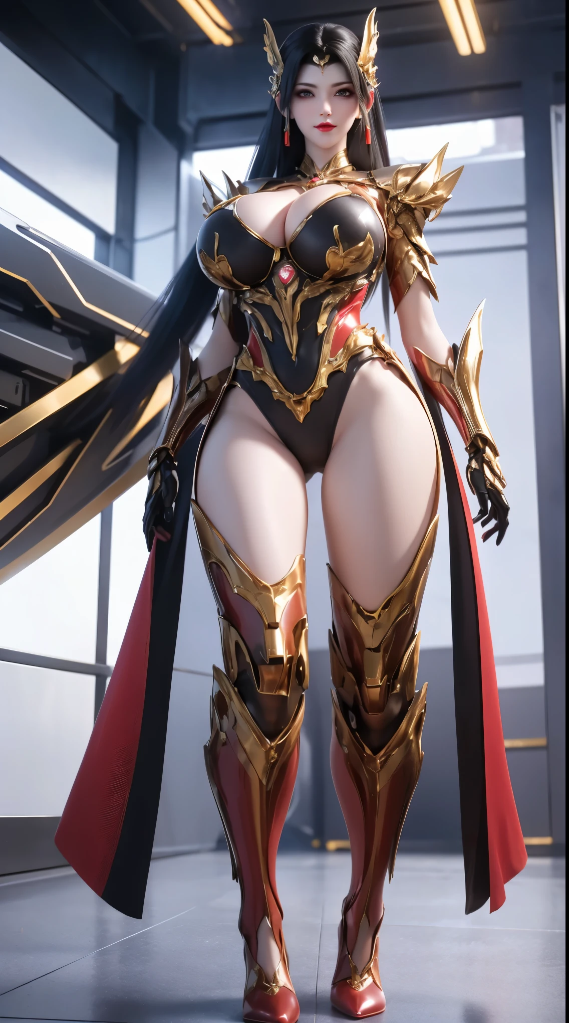 A beauty girl with black hair, (1GIRL, ALONE, SOLO), (PHOENIX GOLD HELM), (BIG BUTTOCKS, HUGE FAKE BREAST:1.5), (CLEAVAGE:1.5), (MUSCLE ABS:1.3), (MECHA GUARD ARMS, DIAMOND CORE IN MECHA ARMOR:1.1), (RED SHINY FUTURISTIC MECHA ARMORED GEAR, BLACK MECHA SKINTIGHT SUIT PANTS, MECHA GUARD ARMOR LEGS:1.5), (SEXY PERFECT BODY, GLOWING SKIN, SEXY LONG LEGS:1.1), (LOOKING AT VIEWER:1.3), (female focus:0.9), (WALKING HALLWAY OF FUTURISTIC SPACE STATION:1), (BRIGHT LIGHT WHITE_ROOM:1.3), HYPER TEXTURE, UNREAL ENGINE RENDER, PHYSICALLY-BASED RENDERING, ULTRA HIGHT DEFINITION, 16K, 1080P.