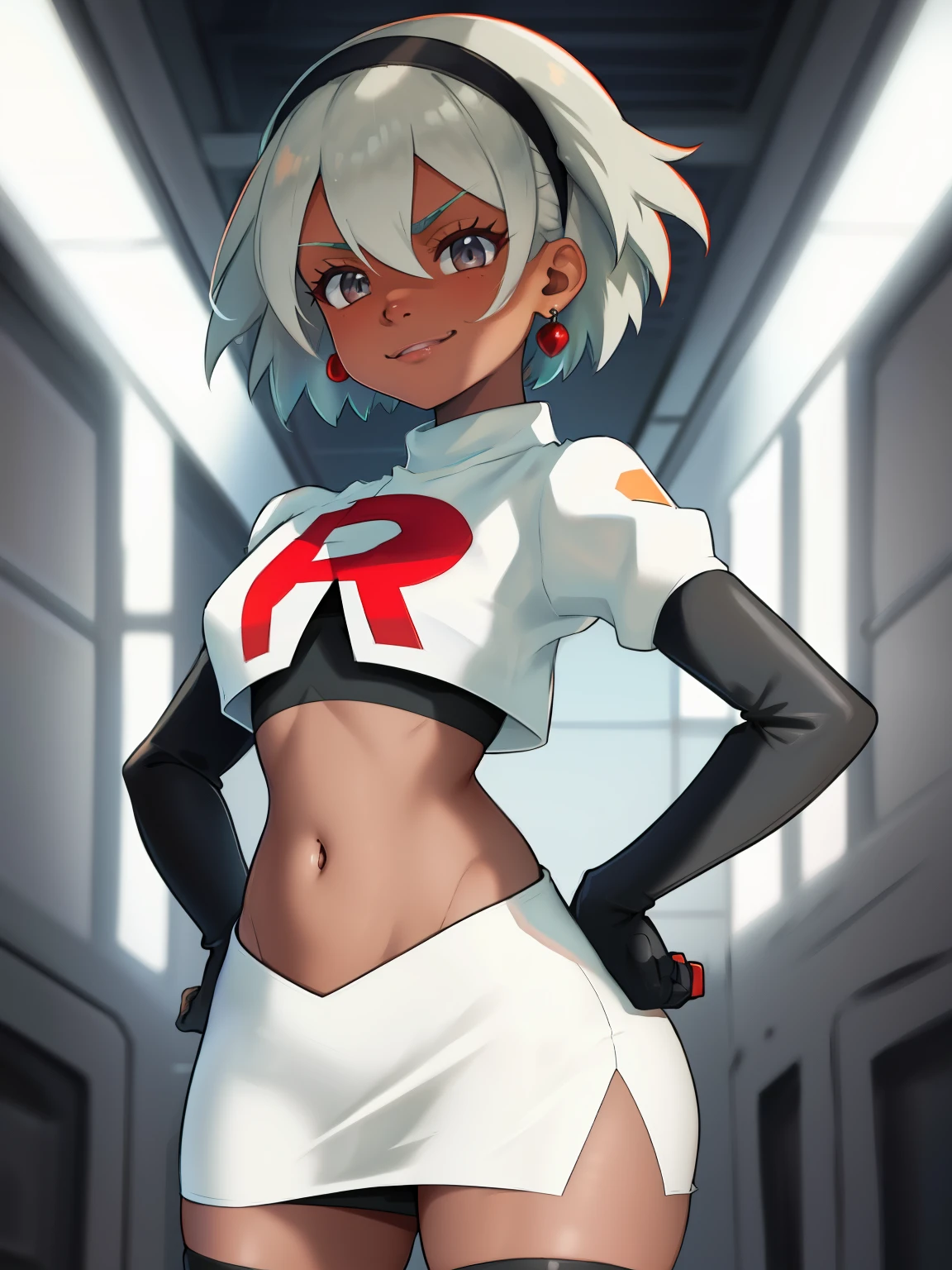 bea pokemon, black hairband, bow, dark-skinned female,hair between eyes, grey hair, short hair,grey eyes ,glossy lips, earings ,team rocket uniform, red letter R, white skirt,white crop top,black thigh-high boots, black elbow gloves, closed mouth, evil smile, hands on hips
