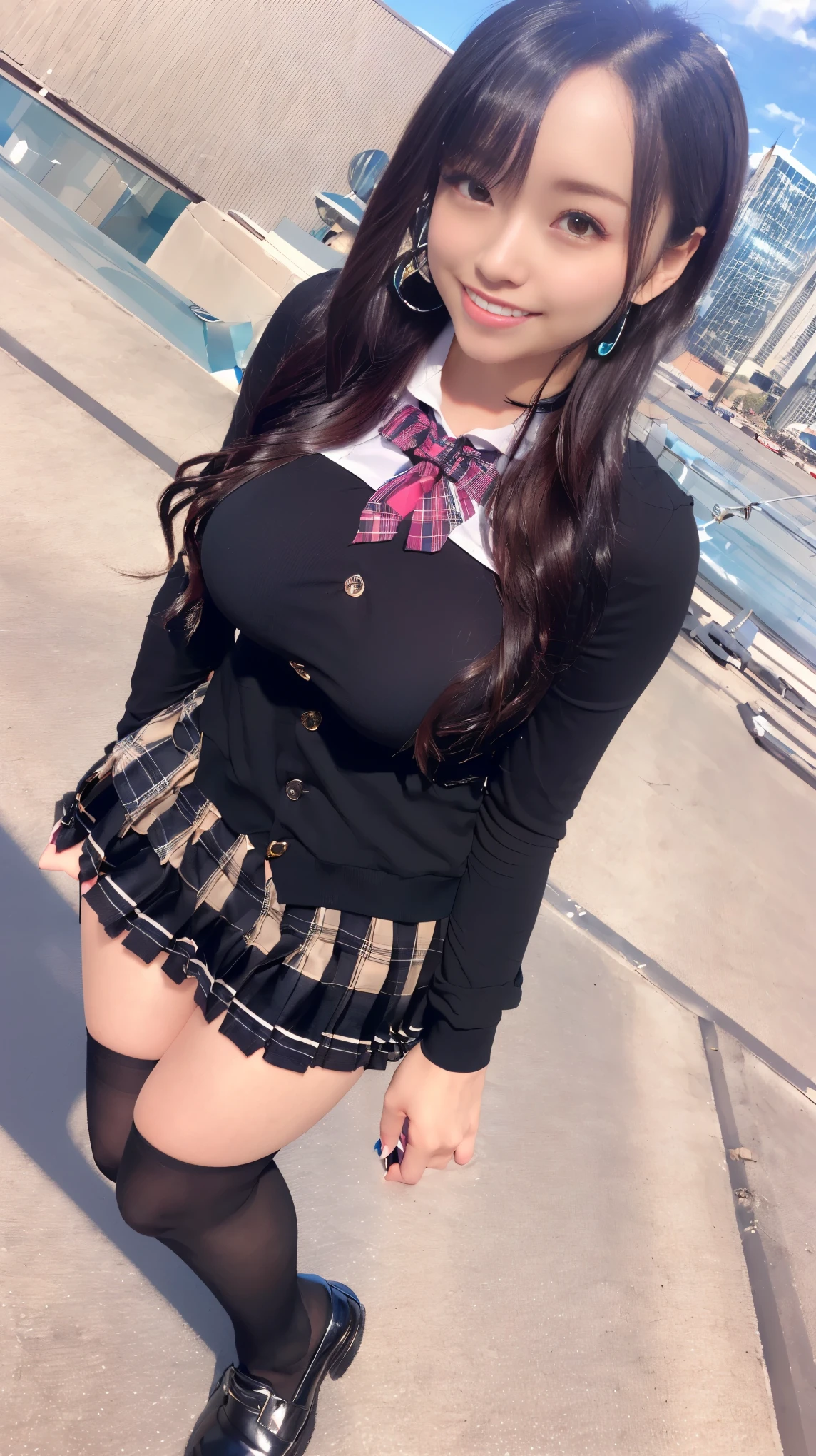 (8K、ultra high resolution、highest quality、masterpiece、realistic、ultra high resolution)、(big breasts、high school girl uniform、Always a transparent pleated miniskirt:1.28)(school rooftop、black straight hair:1.15)japanese woman、cute smile、Must wear black pantyhose、black loafers