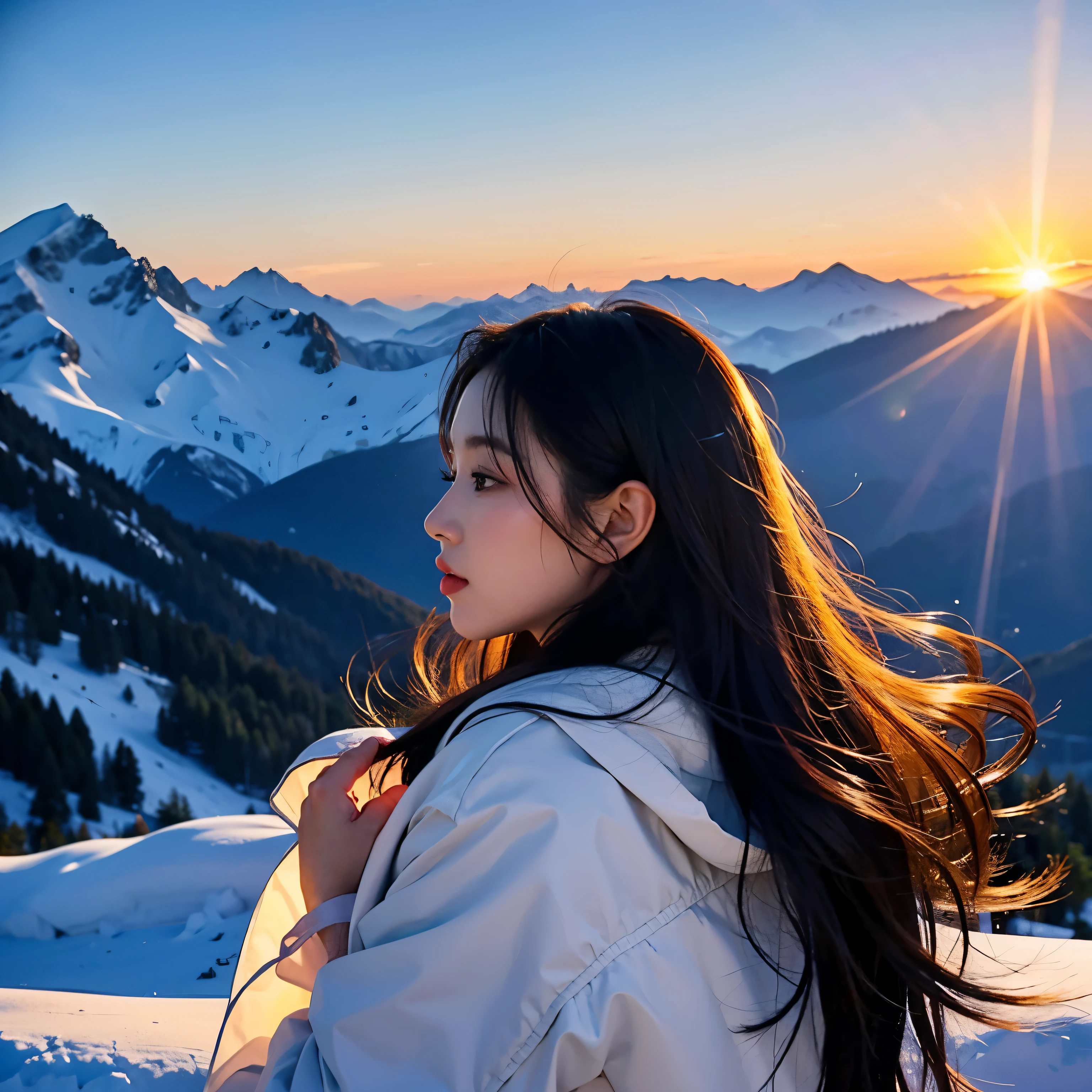 One long hair Girl,Stand on the top of a mountain,Looking at the rising sun,The sun shines on her face,profile,Create a beautiful silhouette。Her black hair fluttered slightly in the morning breeze,If you raise your head at just the right angle, you can see the sun slowly rising.,Her eyes are full of anticipation and hope。In the background are towering mountains and snow-capped mountaintops,Under the sun,The snow-capped mountains look even more magnificent。The person is on the left center of the screen